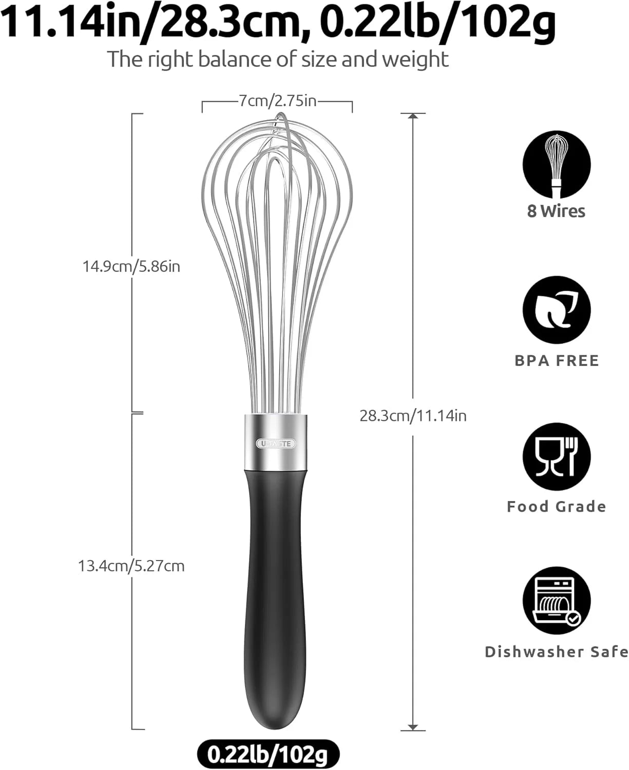 Balloon Whisk for Cooking: 18/10 Stainless Steel Kitchen Wire Whisk, Medium Heavy Duty Egg Beater, Manual Baking Mixing Tool with 8 High Flex Wires for Stirring, Blending Sauce (Black)