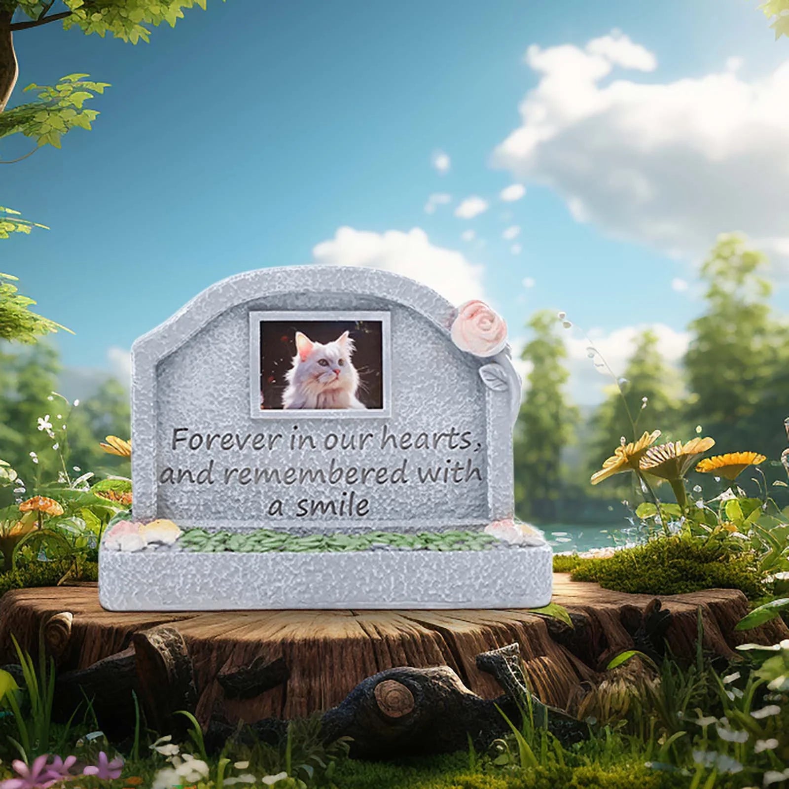 Outdoor Resin Pet Memorial Stone for Gardens - Weatherproof Dog/Cat Grave Marker with Photo Slot, 3 Engraved Designs, Pet Loss Sympathy Gift & Cremation Keepsake