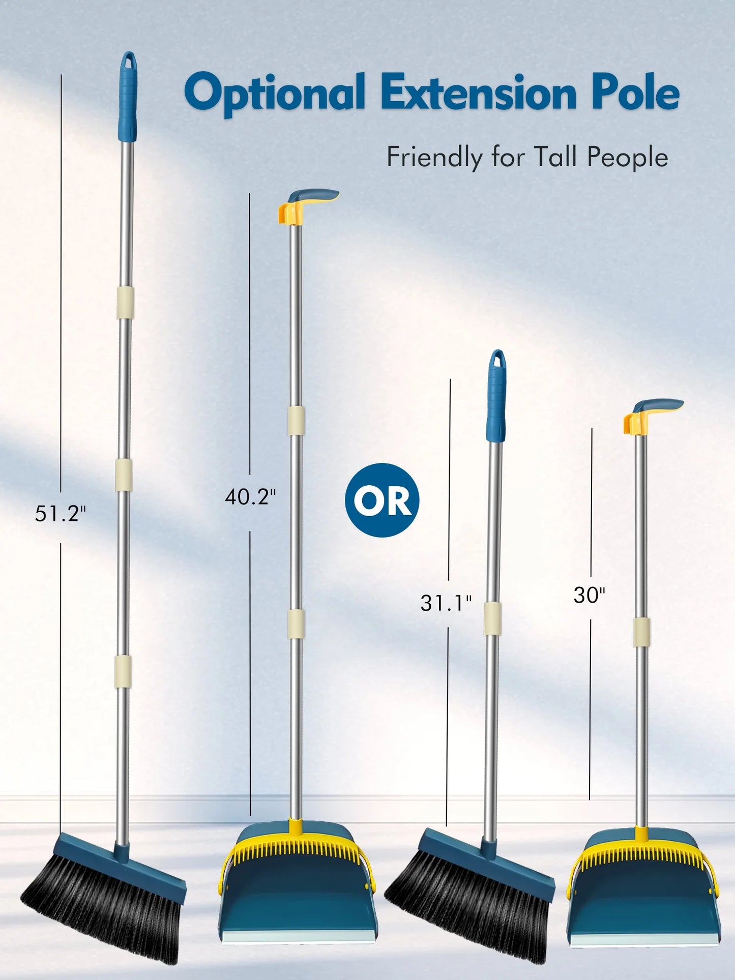 Upgrade Broom and Dustpan Set for Home,Self-Cleaning with Dustpan Teeth,51.2In,Stand Up,Blue