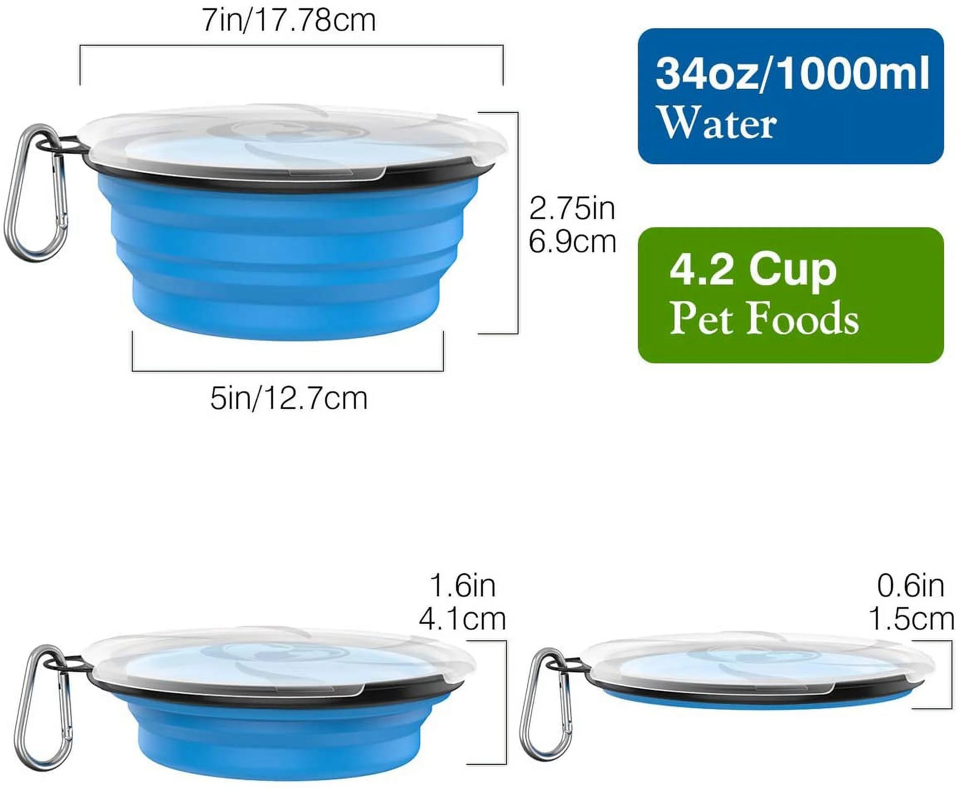 Collapsible Dog Bowls 2 Pack, Silicone Feeding Watering Bowls with Lids & Carabiners for Dogs Cats, Portable Water Feeder Food Bowl for Walking Traveling Home Use, 1000Ml, Blue + Green