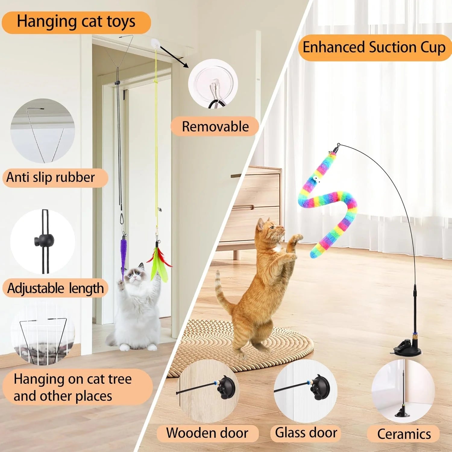 4-in-1 Interactive Cat Feather Toy Set with 12 Durable Teaser Replacements, Enhanced Suction Cup Wand, and Dual Door Hanging String Toys for Indoor Kittens
