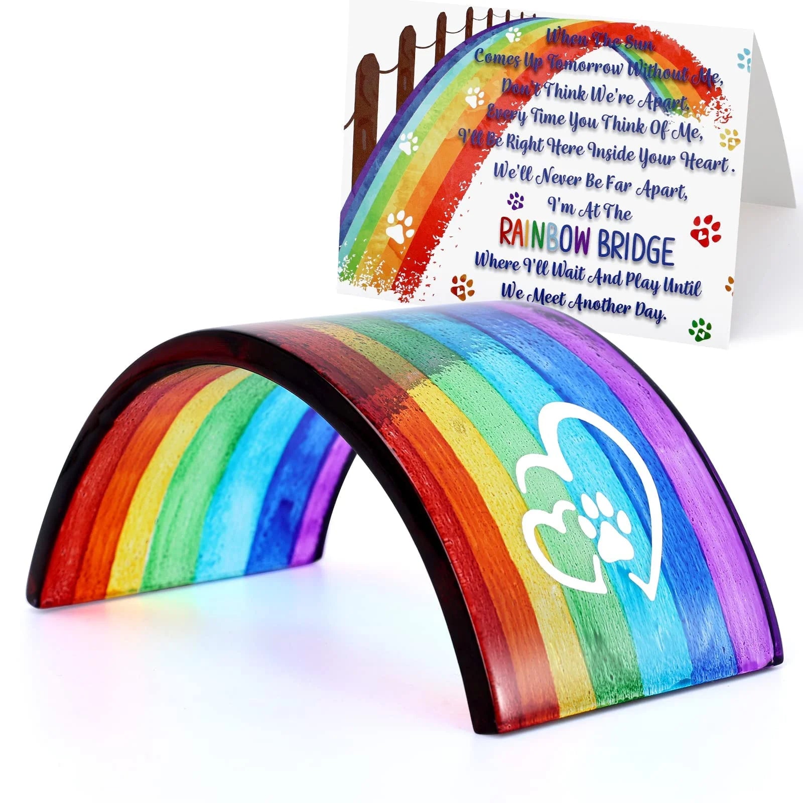 Rainbow Bridge Fused Glass 3D Colorful Bridge with Sympathy Card Memorial Gift for Dog Cat Guinea Pig Lover Pet Lost Present Sorry Gift Set of 2