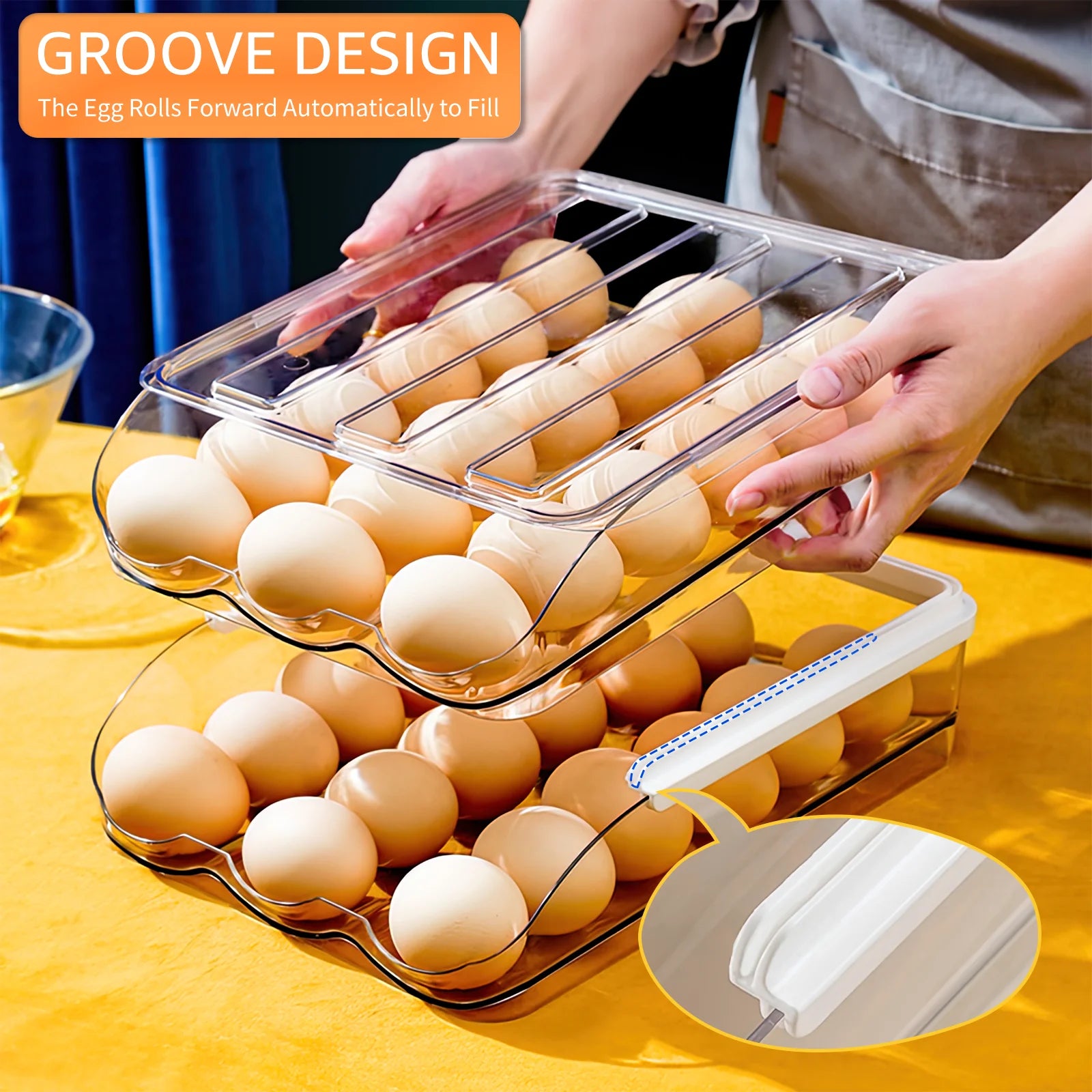 Fridge Egg Holder, 2 Layer Rolling Egg Cartons for Refrigerator, Refrigerator Egg Organizer with Lid, Clear Egg Dispenser, Egg Tray & Storage Container