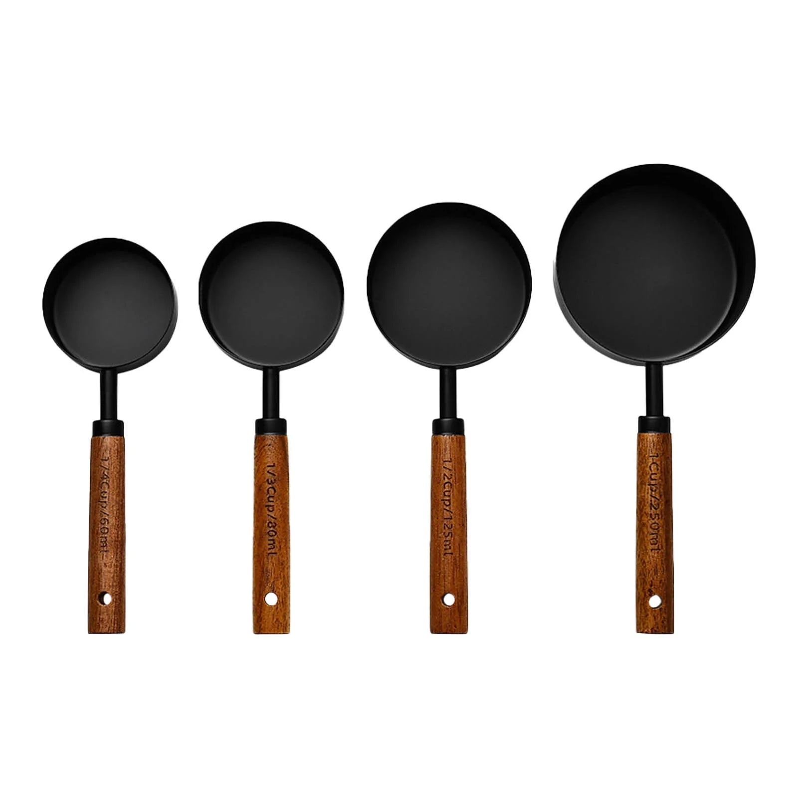 Measuring Cups and Spoons Black Measuring Cups with Wooden Handle Stainless Steel Measuring Spoons and Scoops Set for Kitchen Flour Spice Seasoning Measurement Set of 4