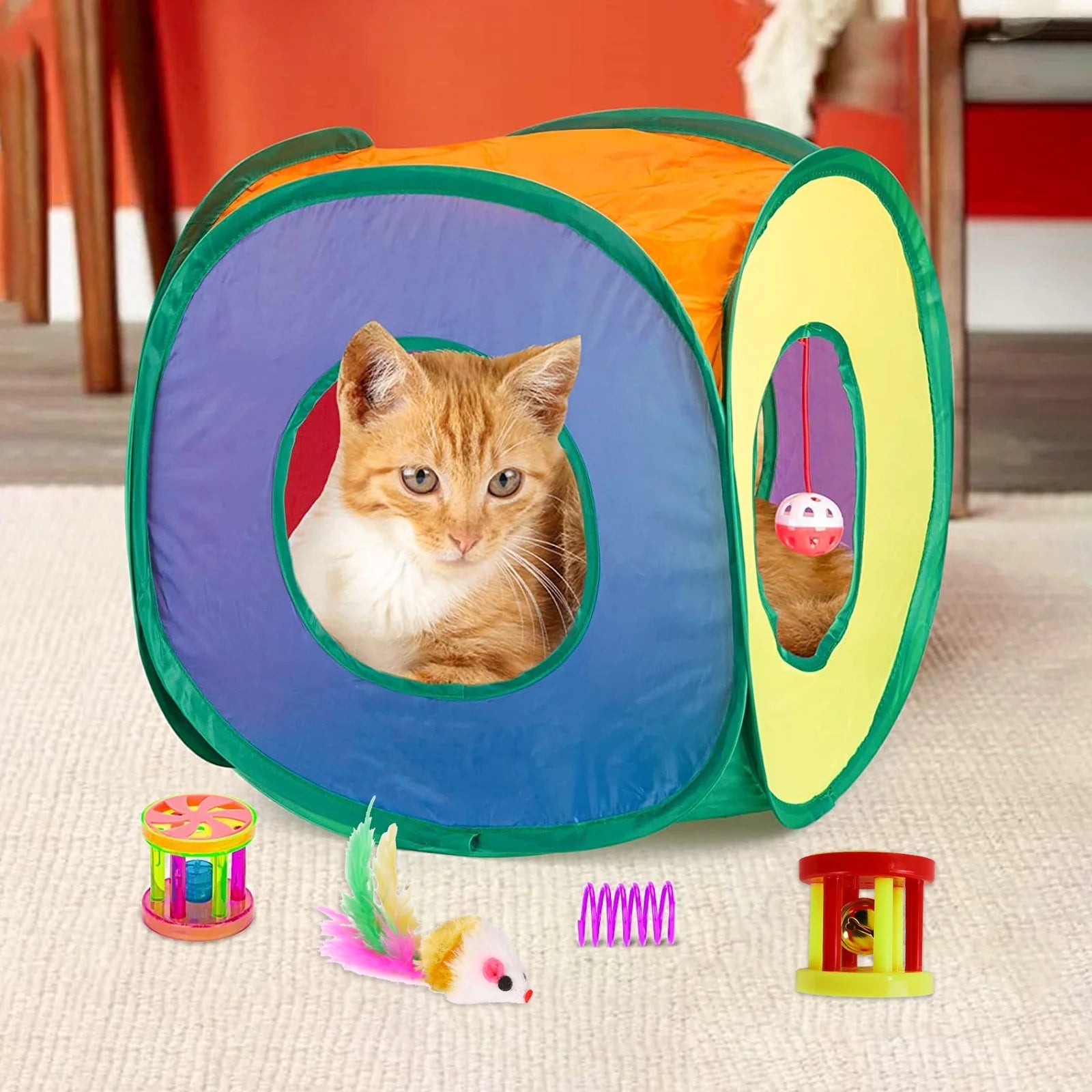 15-Piece Interactive Cat Toys Set - Includes Tunnel, Teaser Stick, Colorful Plush Mice, and Bell Balls for Kittens and Cats