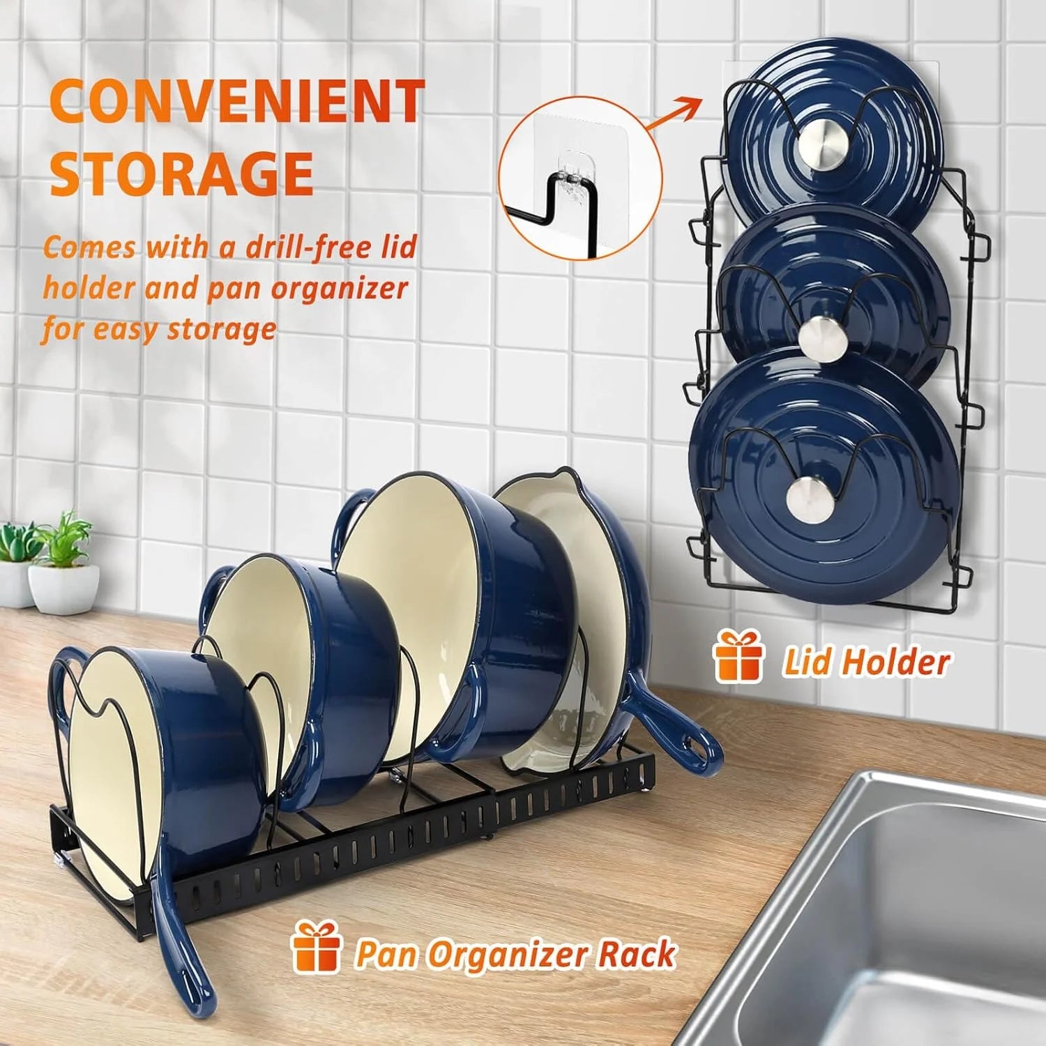 Enameled Cast Iron Cookware Set, 7 Piece Set of Dutch Ovens, Sauce Pan, Skillet, 3 Lids, Dutch Oven Set, Nonstick Ceramic Coated, Gas/Induction Compatible, PFA Free, Come with Organizer, Navy