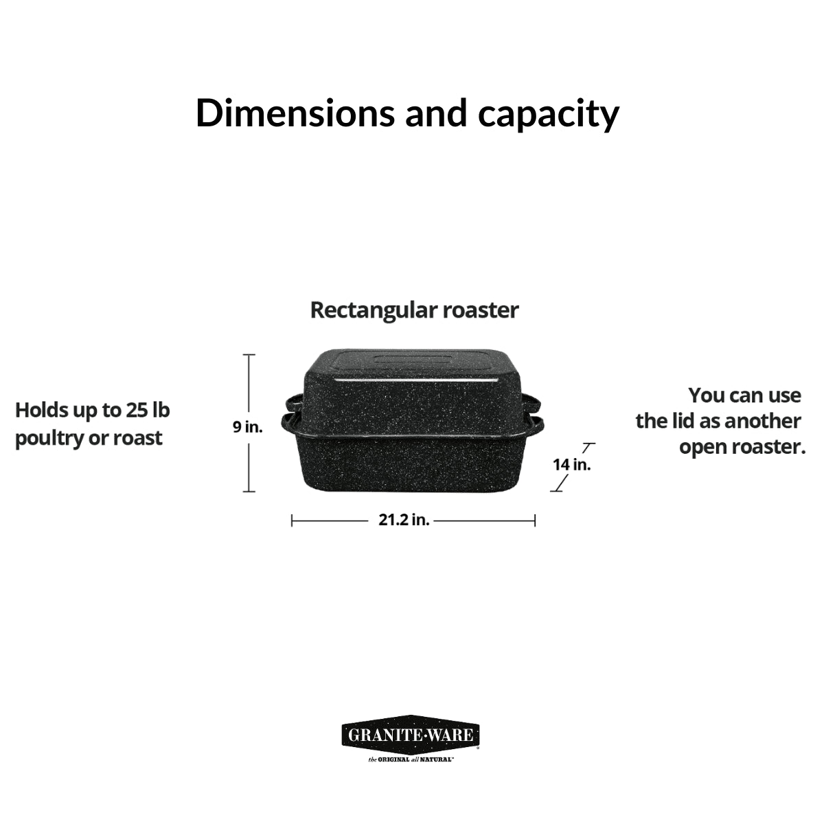21 in Oven Rectangular Roaster with Lid. (Speckled Black) - Accommodates up to 25 Lb Poultry or Roast.