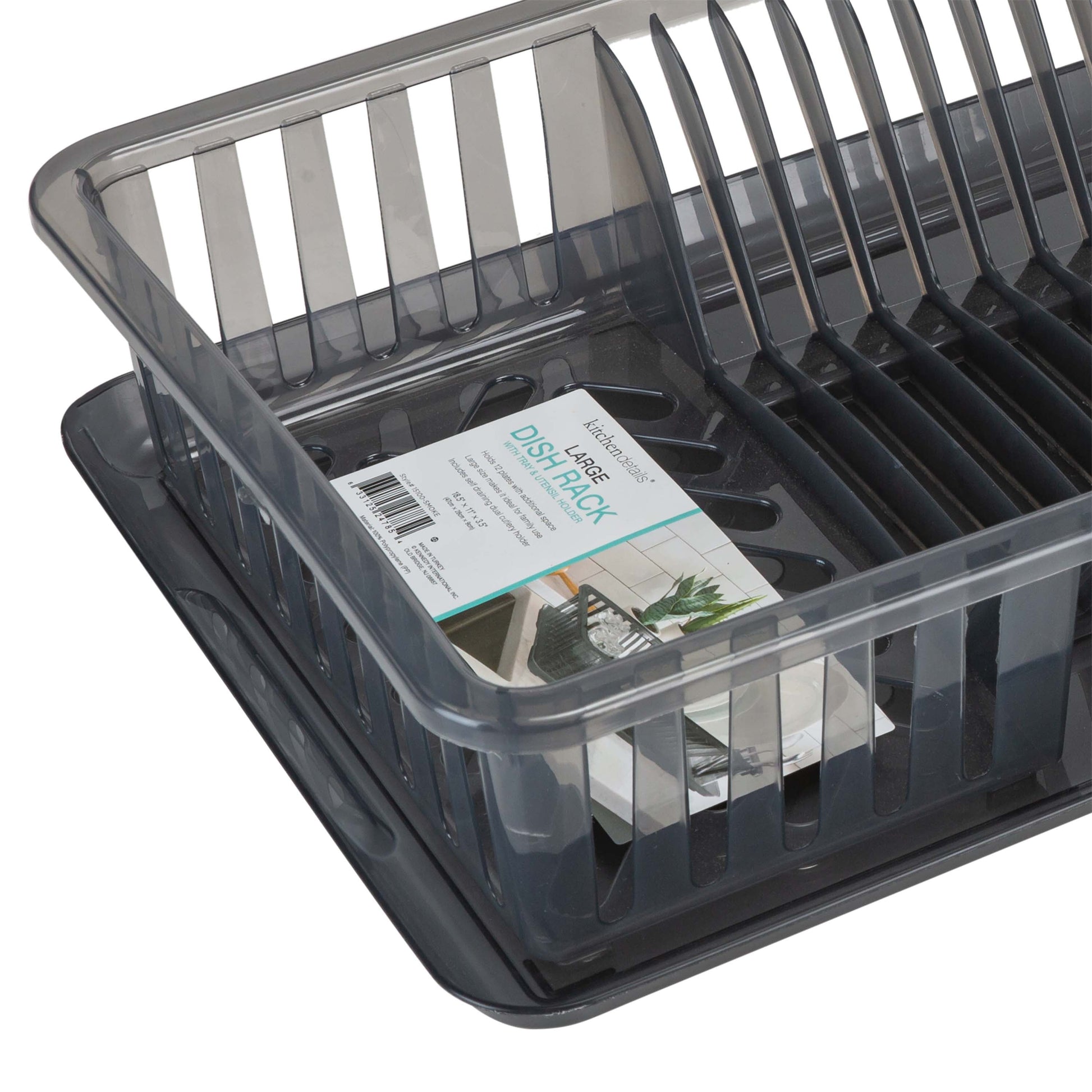 Medium Dish Rack with Tray in Smoke Grey 18.11 in X 11.02 In