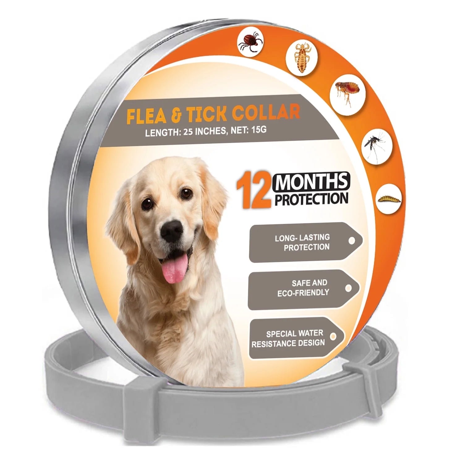 12-Month Adjustable Natural Herbal Dog Collar - 25” for All Breeds - Durable Essential Oils Protection - Waterproof and Comfortable Design