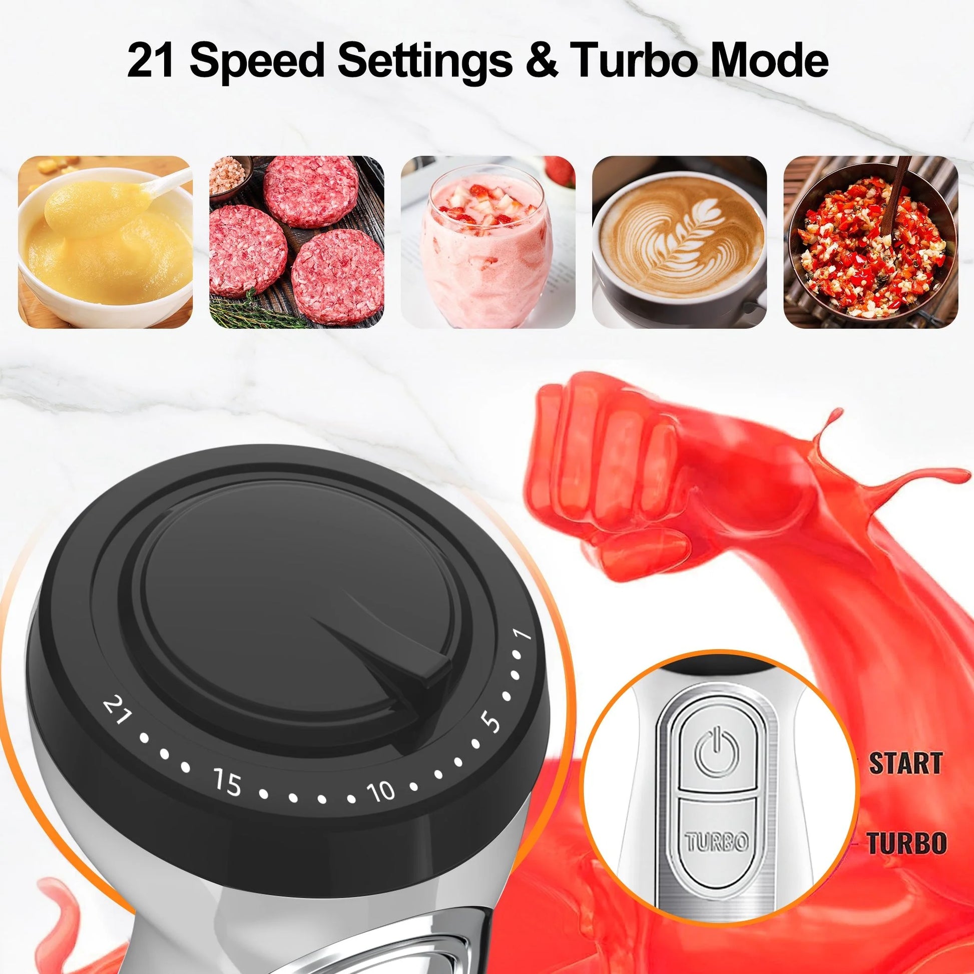 1100W Immersion Blender, 21-Speed Hand Blender with Turbo Mode, 5-In-1 Stick Blender for Smoothies, Baby Food, Soups, Purees, White