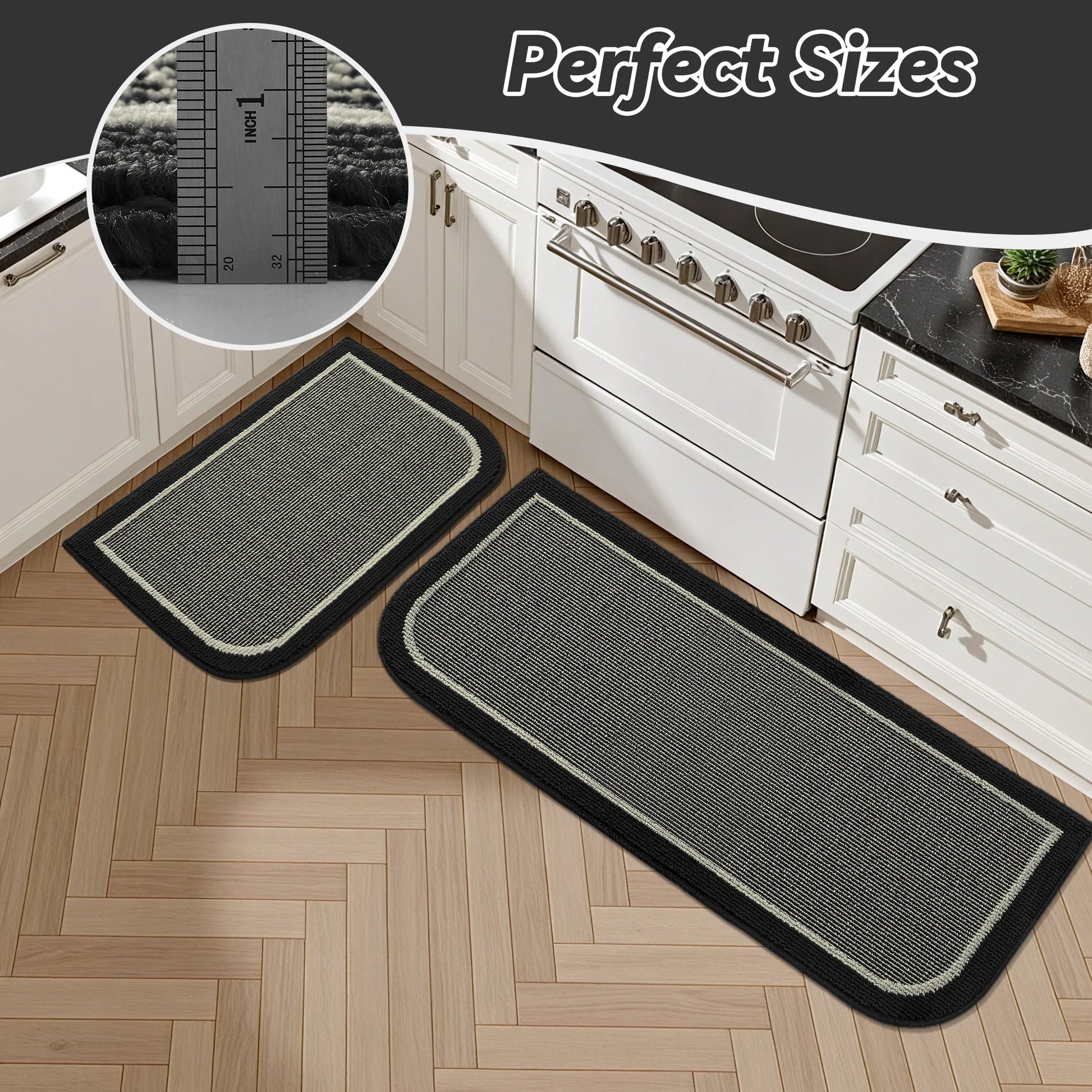 Non-Slip Kitchen Rug, Washable 20"X32" Twill Floor Mat, Half Circle Design for Sink, Laundry, Black