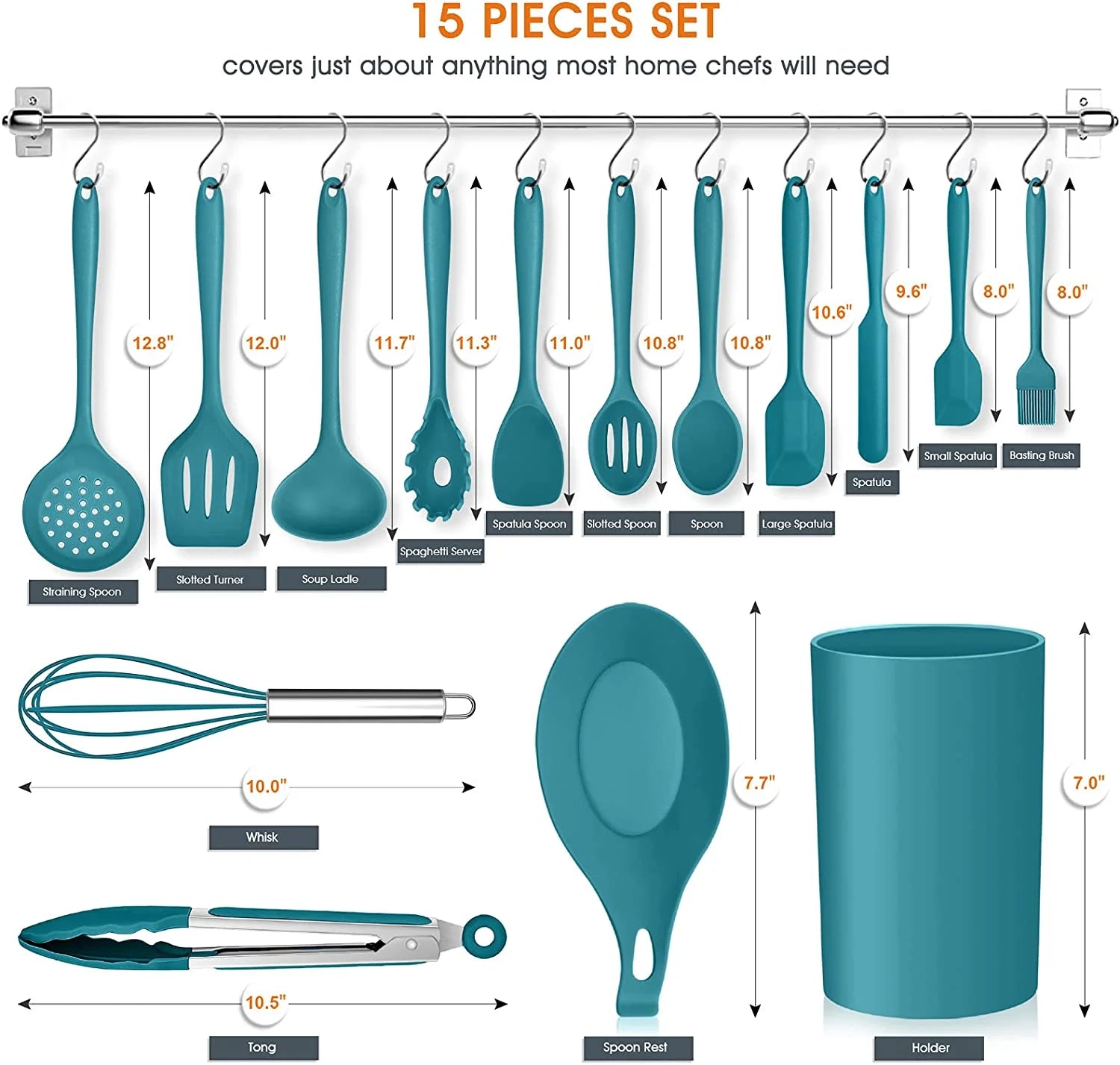 15-Piece Kitchen Utensils Set, Silicone Cooking Utensils with Holder, Non-Stick Cookware Friendly & Heat Resistant - Teal Blue