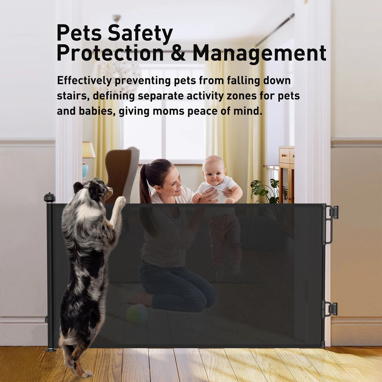 55-Inch Wide Retractable Baby Gate for Doorways, Indoor and Outdoor Mesh Dog Barrier, One-Hand Operable Child Safety Gate for Stairs - Black