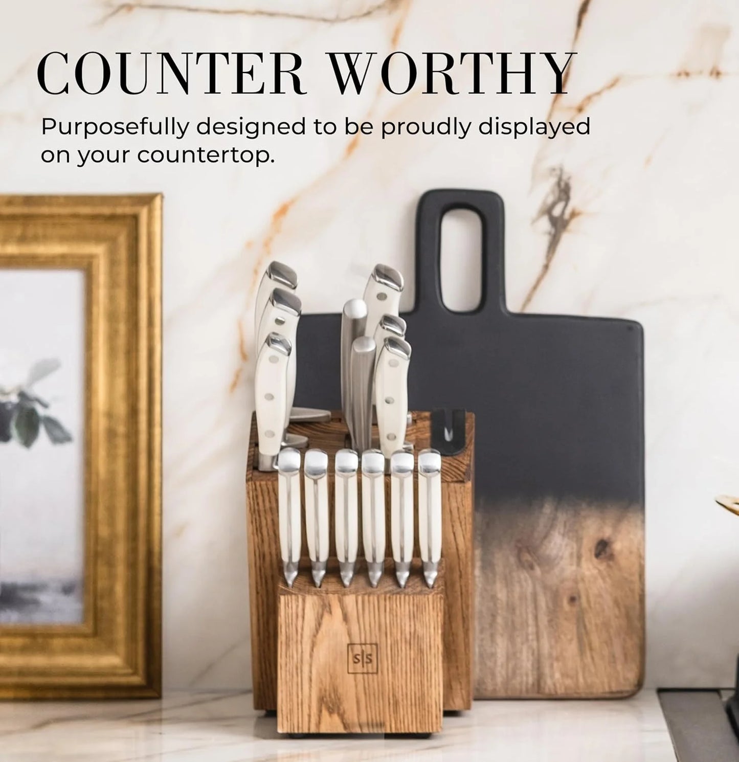 White Stainless Steel Knife Set with Walnut Block with Sharpener