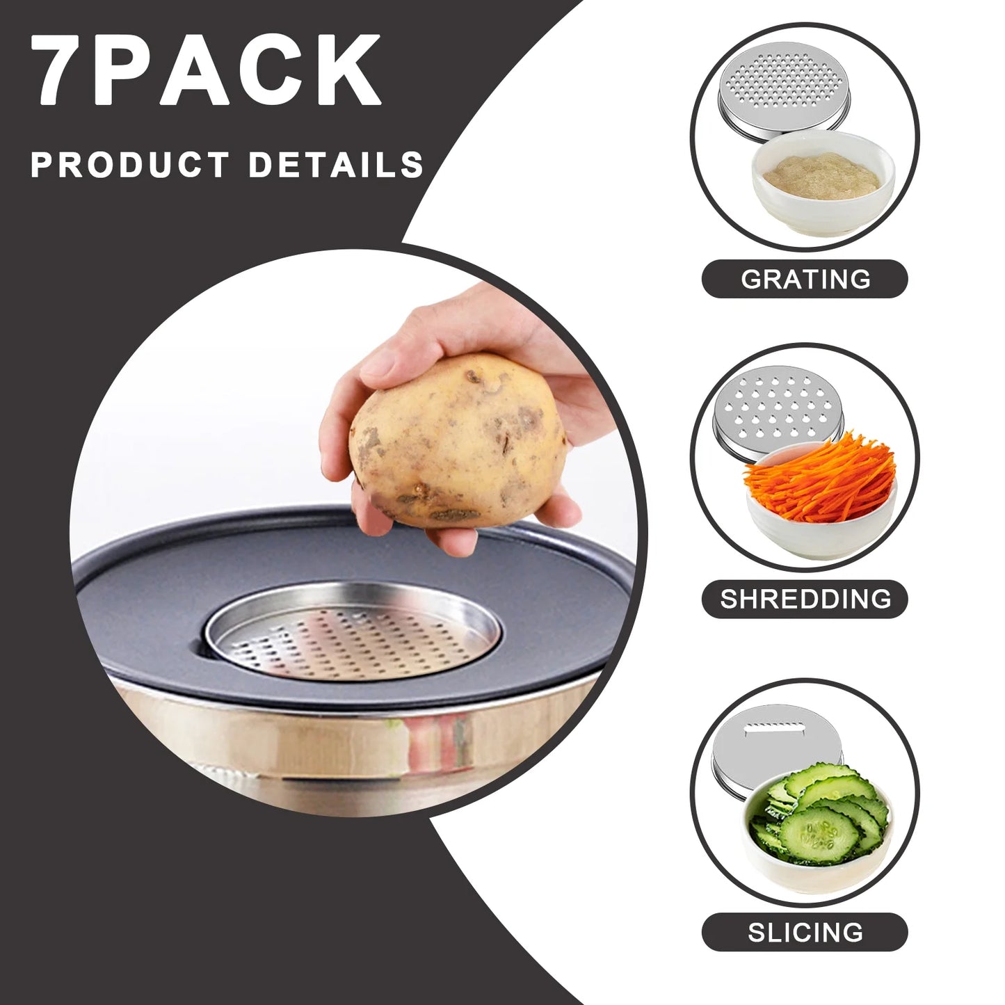 7 Pcs Mixing Bowls with Lids (5、4、3、2、1.5、1、0.75Q),21 Pcs Stainless Steel Mixing Bowls Set-Black