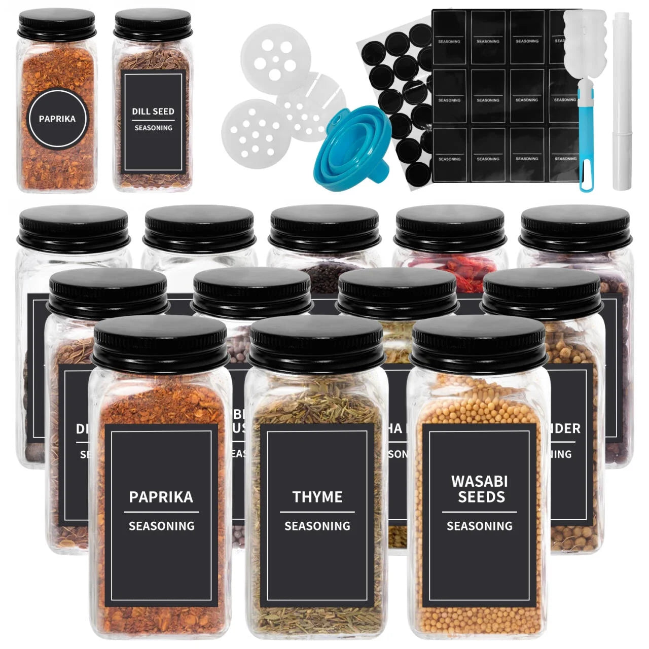 12Pcs 4Oz Glass Spice Jars with Shaker Lids, Labels, a Handy Funnel, Empty Spice Containers and Square Spice Bottles for Kitchen and Seasoning