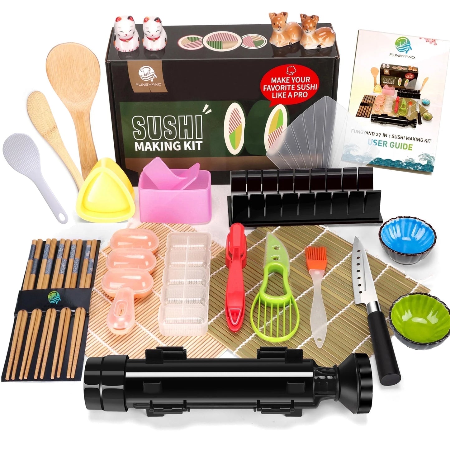27 Pcs Sushi Making Kit with Bamboo Rolling Kit Sushi Bazooka Maker, Dishwasher Safe