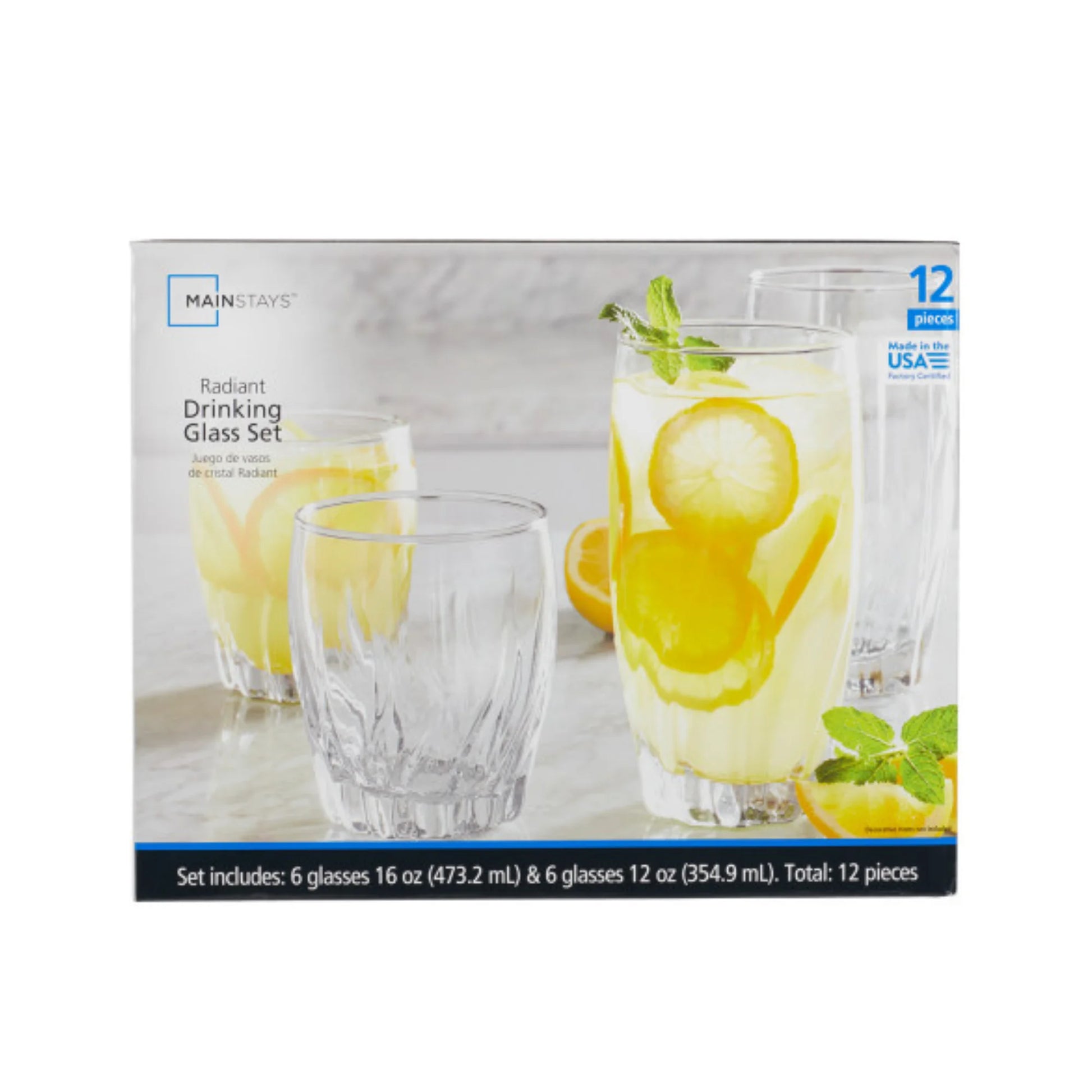 12 Piece Radiant Drinking Glasses Set, 16 Oz & 12 Oz Clear Glasses