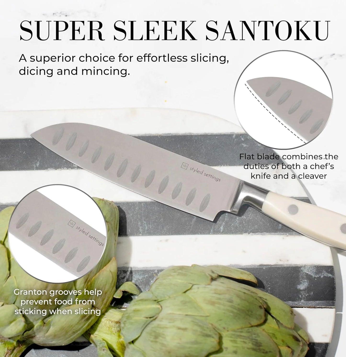 White Stainless Steel Knife Set with Walnut Block with Sharpener