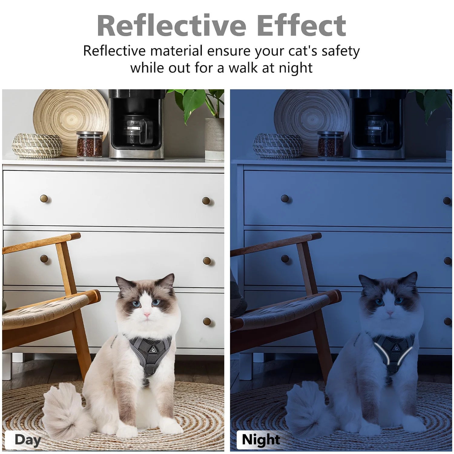 Adjustable Cat and Puppy Harness and Leash Set, Escape-Proof Soft Vest with Reflective Strips, Gray, Medium