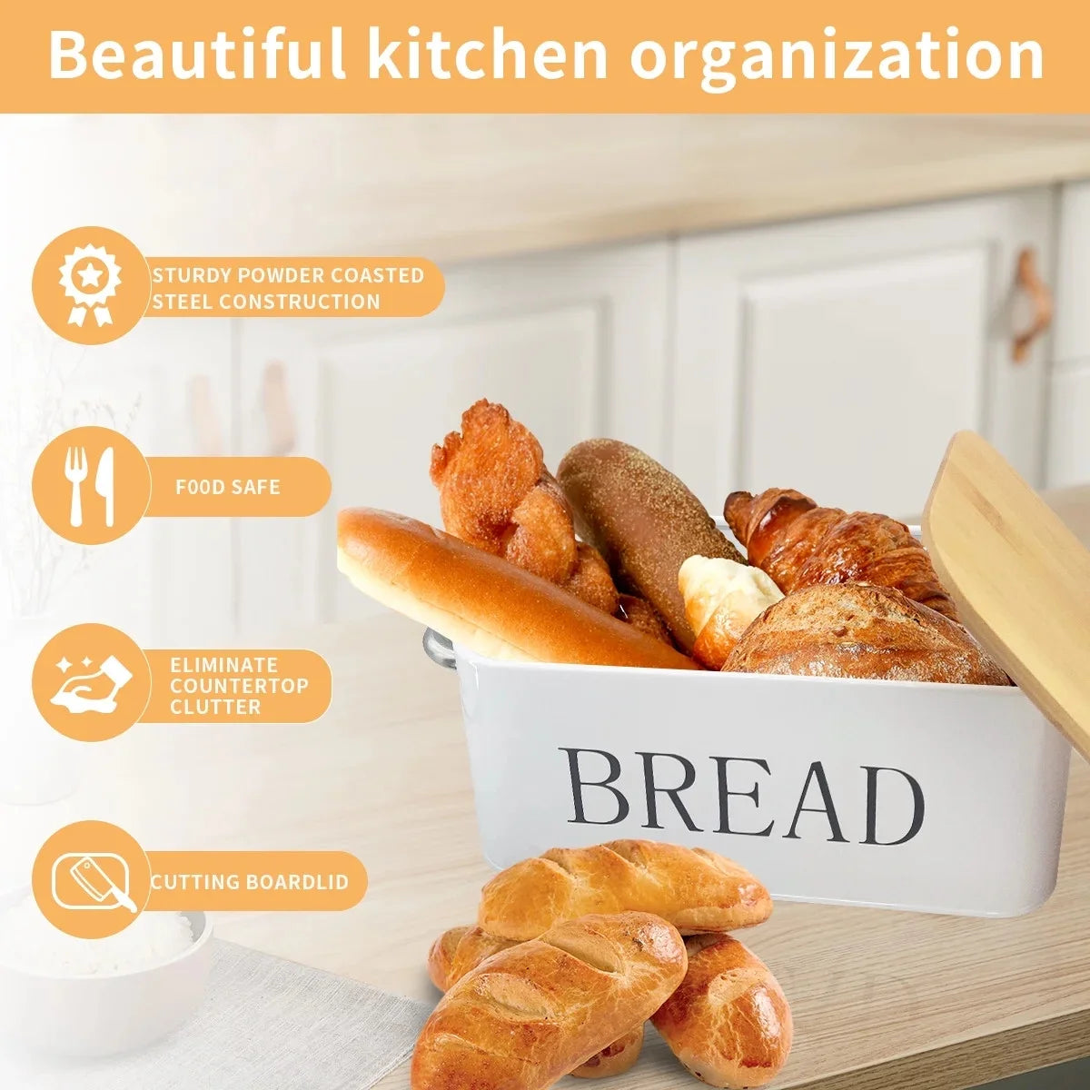 Large Bread Box, Bread Box Storage with Cutting Board Lid for Kitchen Counters Metal White