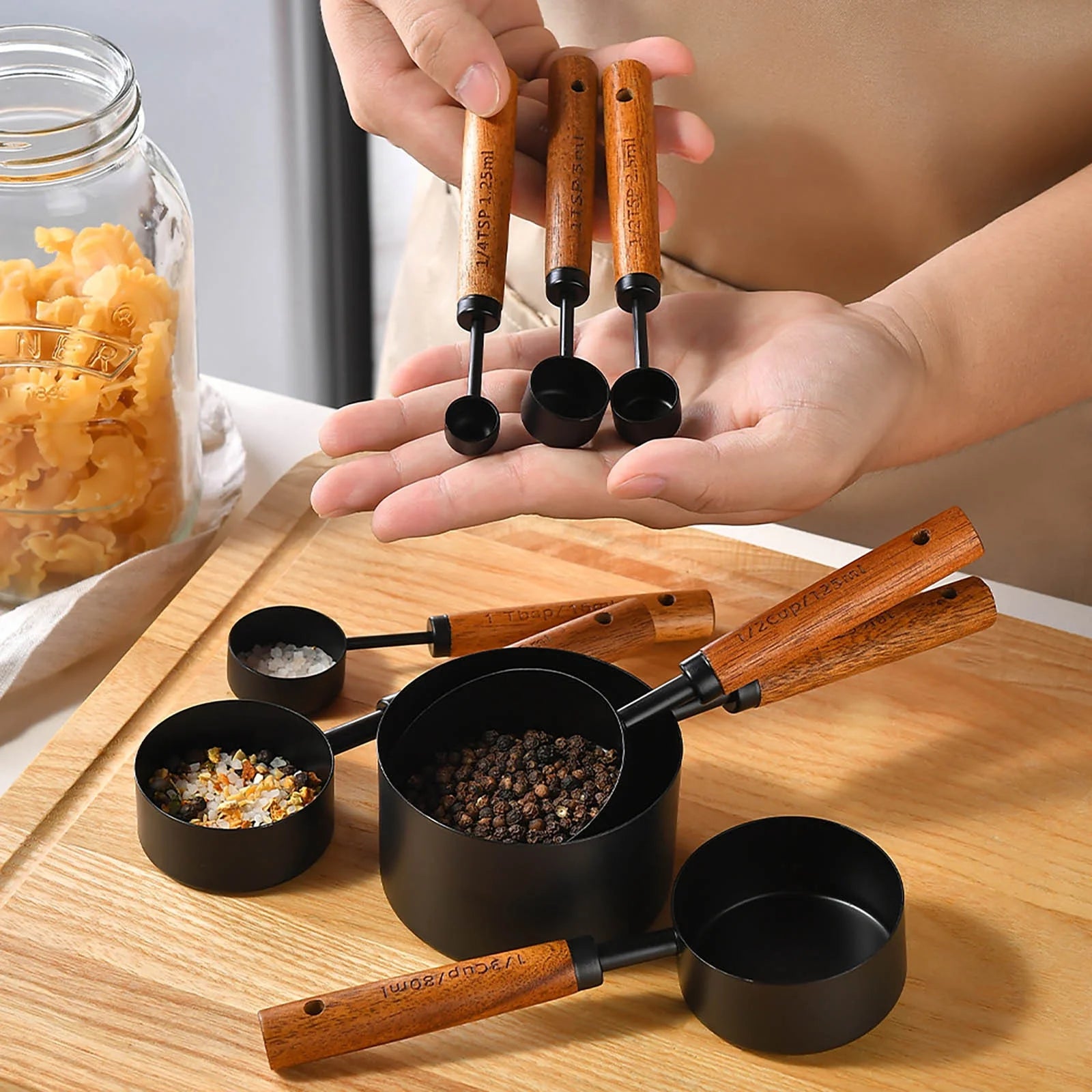 Measuring Cups and Spoons Black Measuring Cups with Wooden Handle Stainless Steel Measuring Spoons and Scoops Set for Kitchen Flour Spice Seasoning Measurement Set of 4