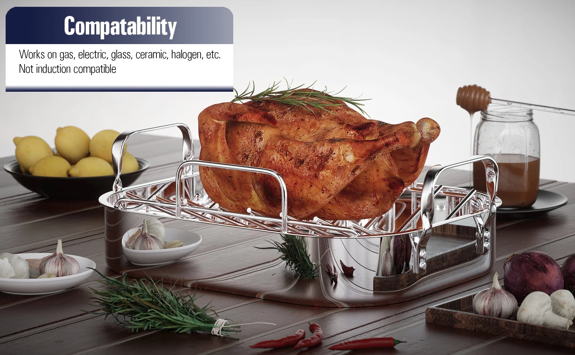 Stainless Steel Roaster Pan with V-Shaped Rack, 16-Inch by 13-Inch Turkey Roasting Pan Bakeware for Oven, Rectangular