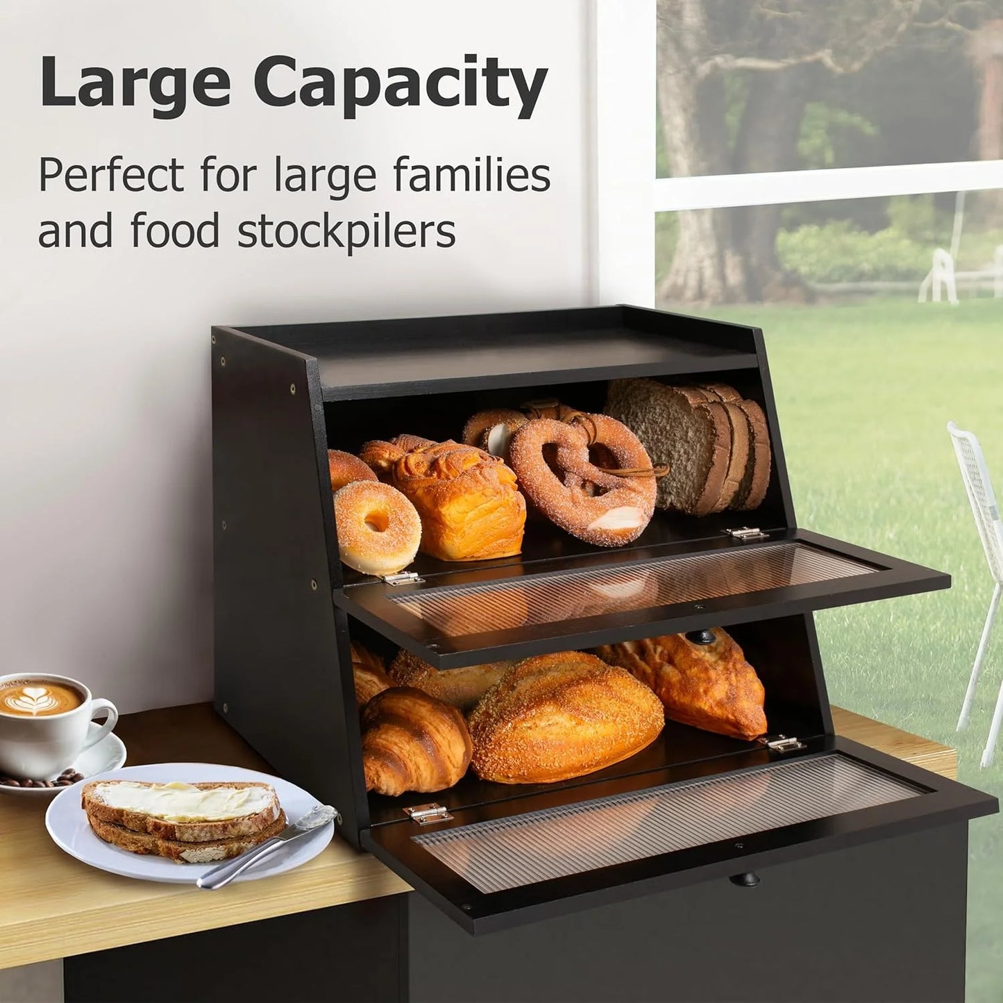 Pure Bamboo Bread Box, Roomy Two-Layer Breadbox for Kitchen Counters, Easy to Assembly Bread Storage Container (Black)