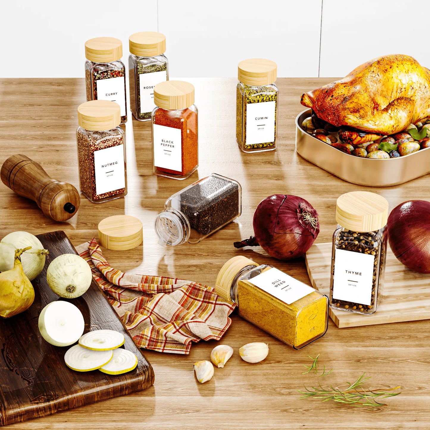 24 Pack Glass Spice Jar,Bamboo Lid Glass Spice Jars, Kitchen Spice Storage Jar, Spice Storage Jar,Kitchen Food Storage Tanks,Preprinted Spice Labels,Kitchen Organizer