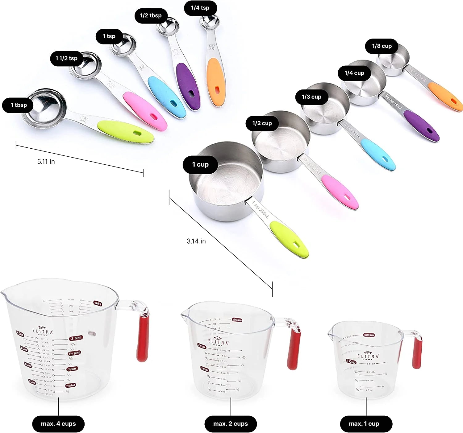 13 Pieces Measuring Cups and Spoons Set, Includes 10 Stainless Steel Measuring Spoons and 3 Plastic Measuring Cup