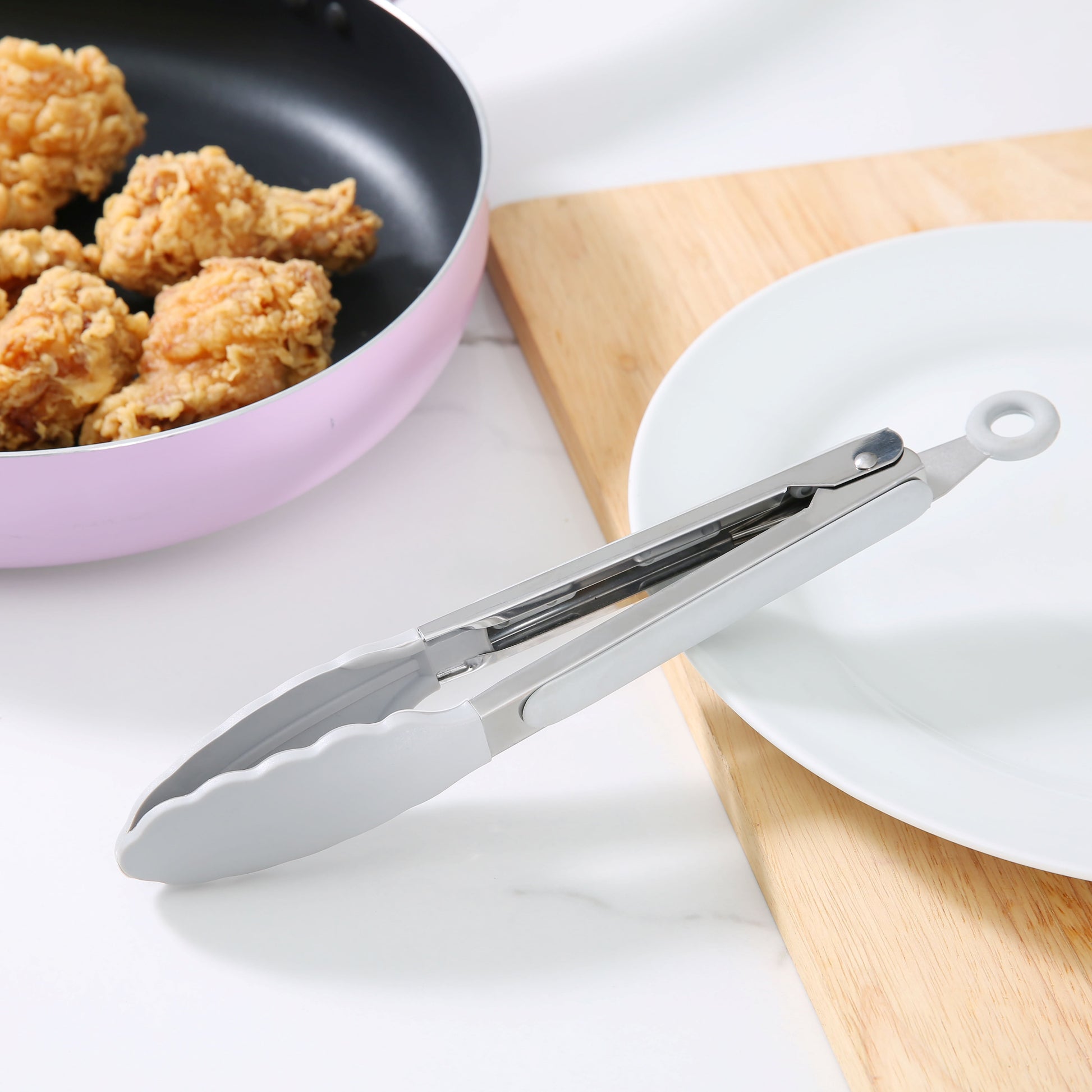9" Stainless Steel and Silicone Locking Tongs, Soft Grip Handle, Grey Flannel