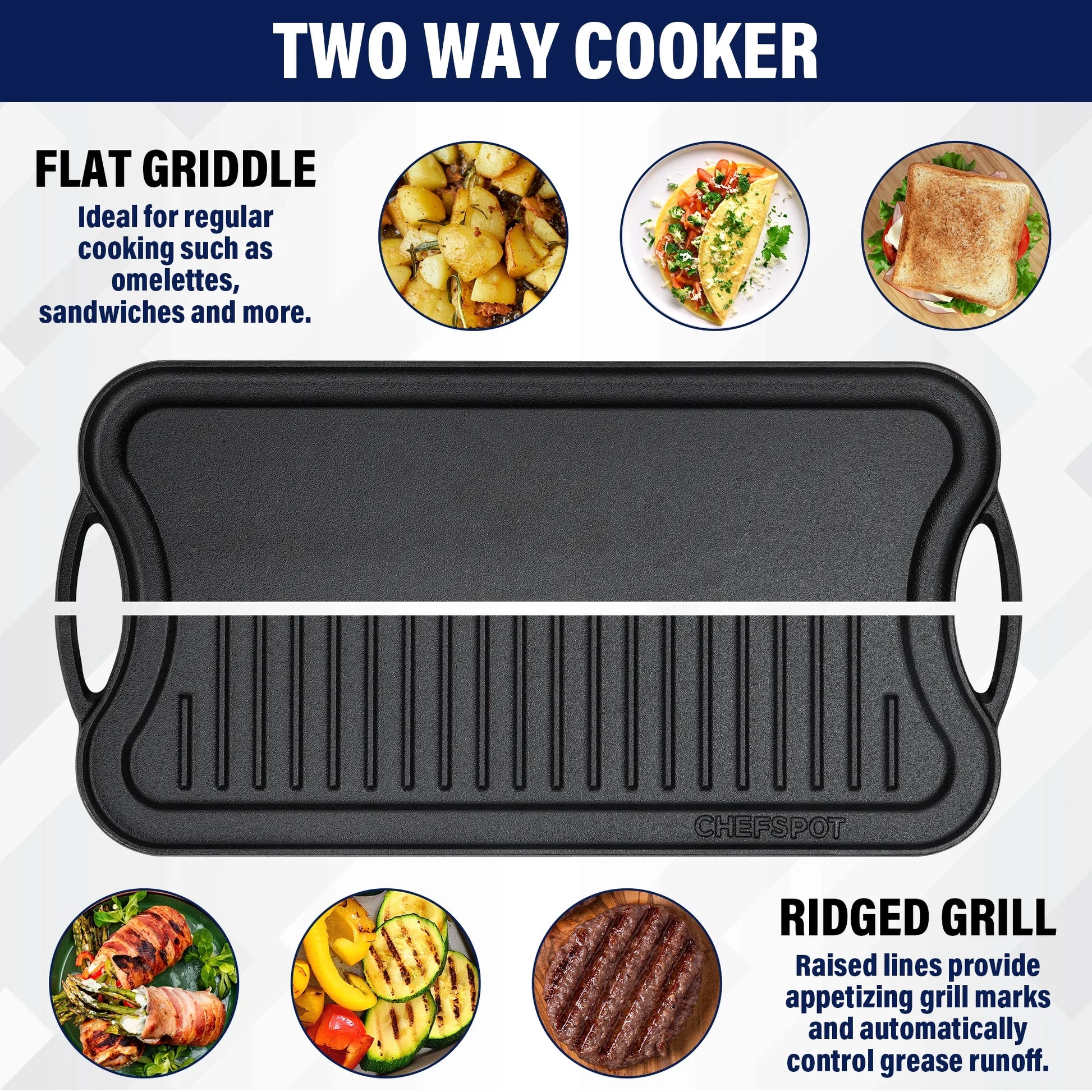 Preseasoned Cast Iron Reversible Grill Griddle Plate Pan - 20", Black, Hand Wash