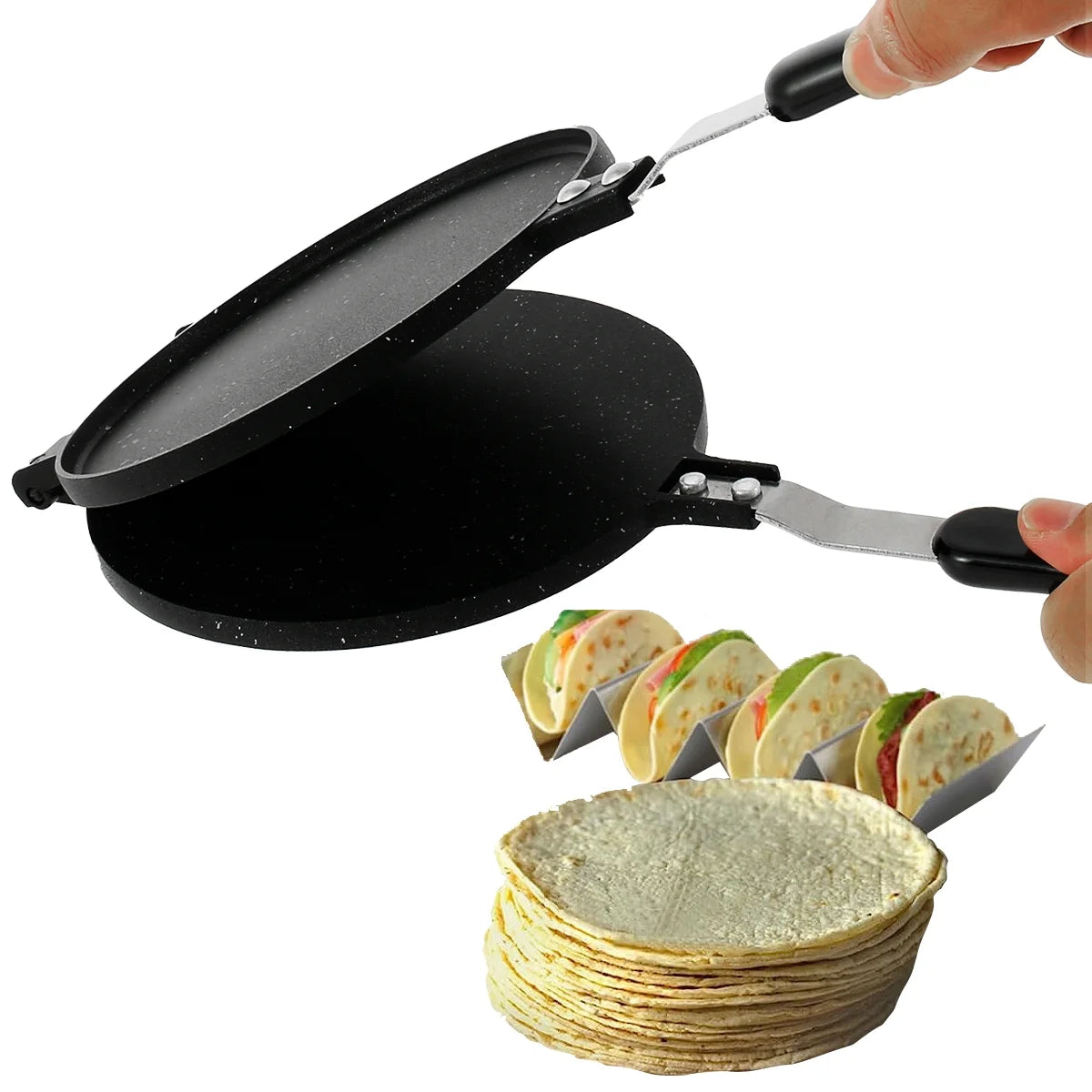 Tortilla Press Pan Non-Stick Flour Tortilla Press with Bakelite Handle Heavy-Duty Aluminum Tortilla Dough Press Pan Multipurpose Tortilla Press Stove Top Pan for Kitchen 38.5X16.8X2Cm