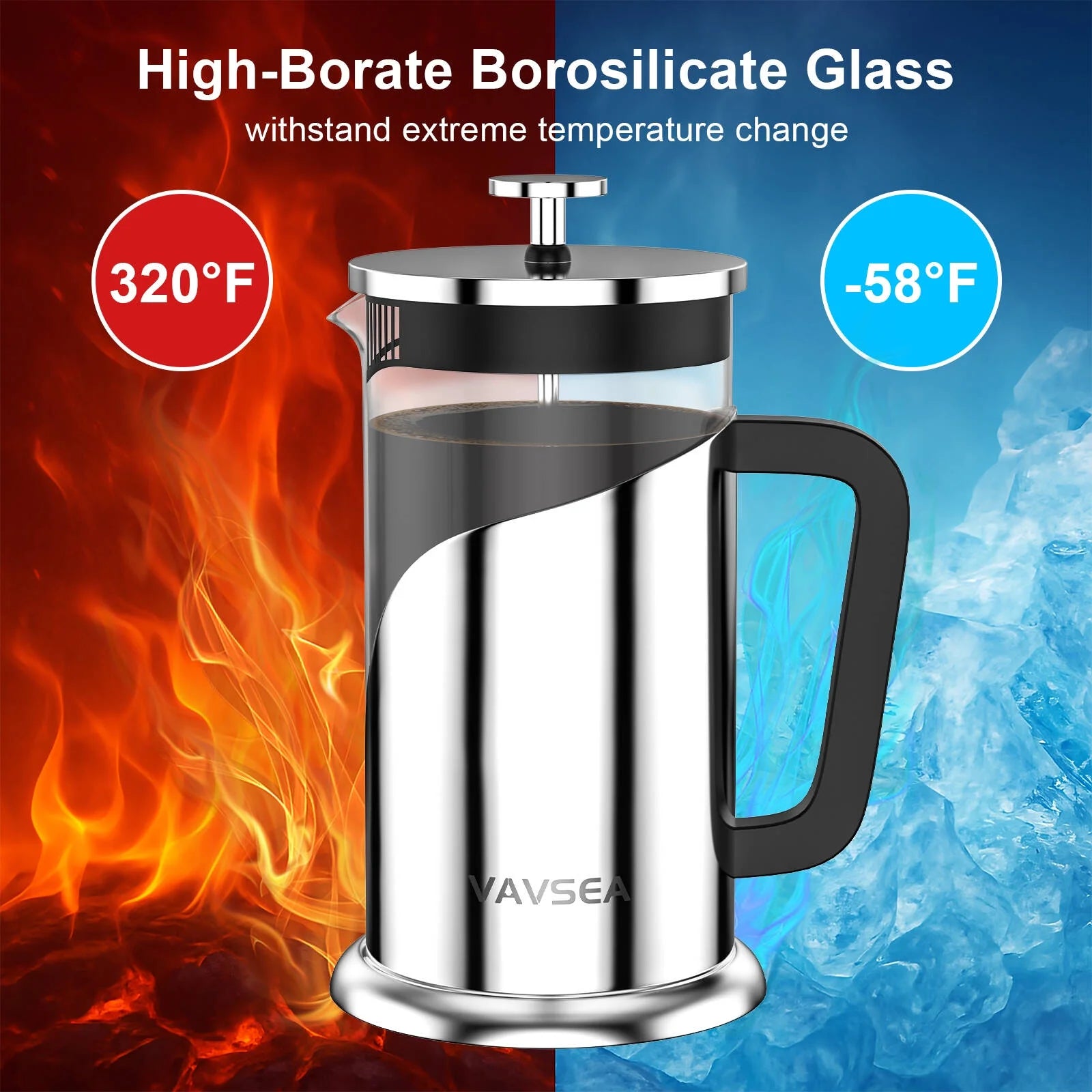 Double Wall French Press Coffee Maker, 35Oz Coffee Press with Thicken Borosilicate Glass & 304 Stainless Steel for Travel & Home Use, Dishwasher Safe, Silver