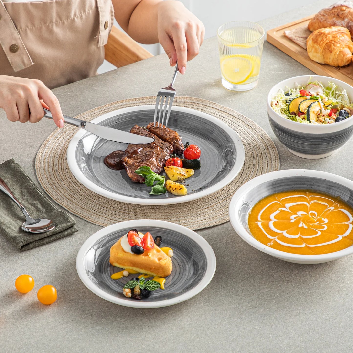 , Series ORI, 16-Piece Dinnerware Set, Stoneware Tableware Plate Set, Service for 4, Gray