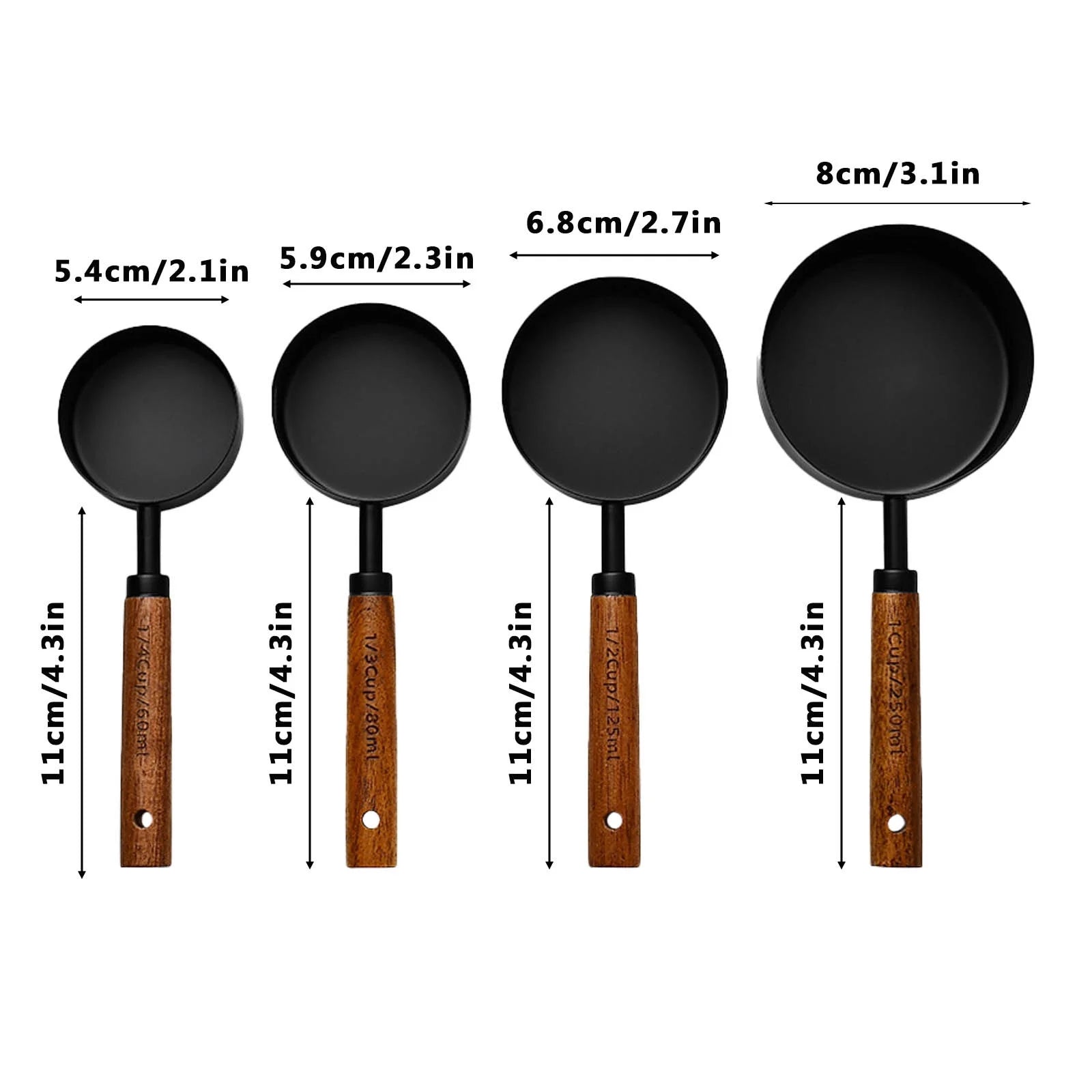 Measuring Cups and Spoons Black Measuring Cups with Wooden Handle Stainless Steel Measuring Spoons and Scoops Set for Kitchen Flour Spice Seasoning Measurement Set of 4