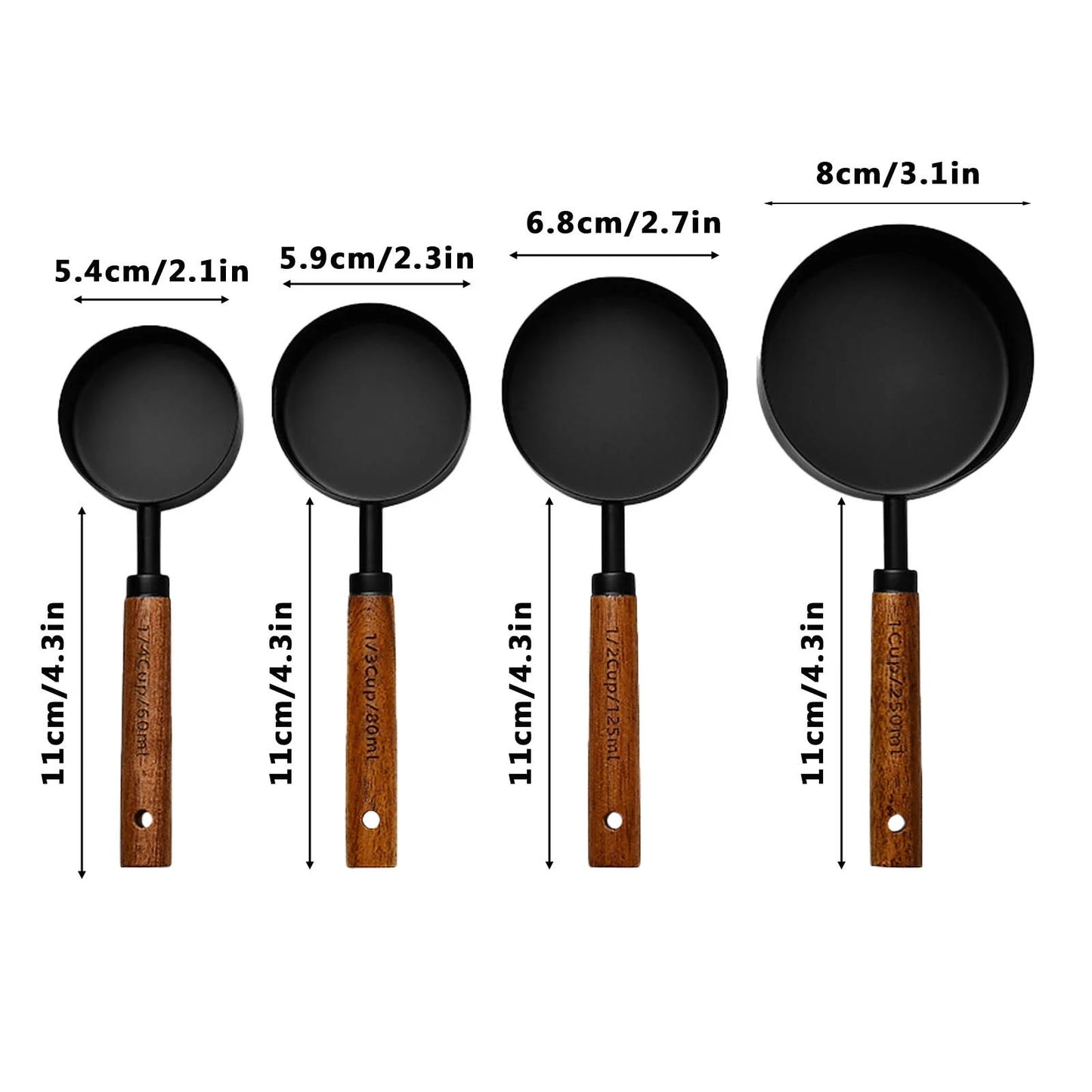 Measuring Cups and Spoons Black Measuring Cups with Wooden Handle Stainless Steel Measuring Spoons and Scoops Set for Kitchen Flour Spice Seasoning Measurement Set of 4