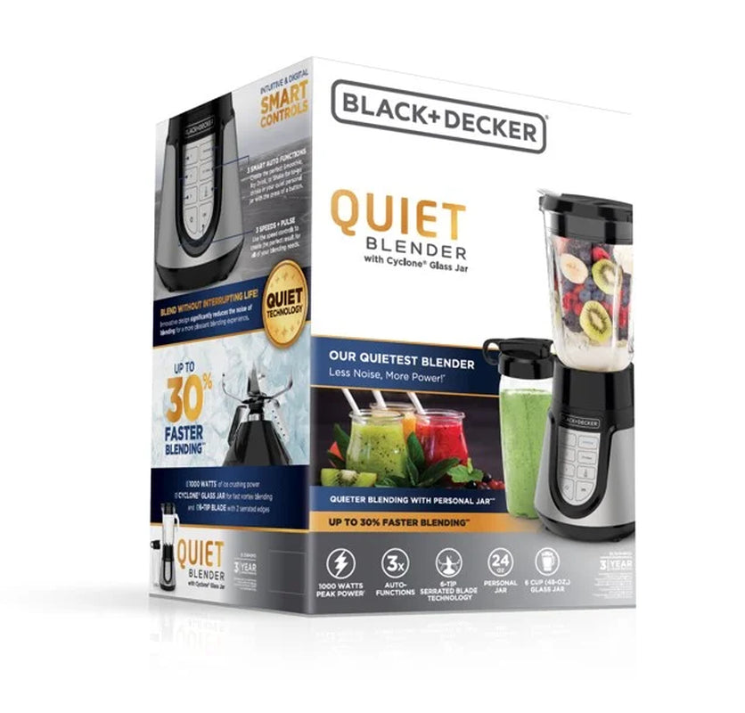 Quiet Blender, 48 Oz Glass Jar, Personal Jar, 1000W, 3 Speeds, 3 Auto Functions