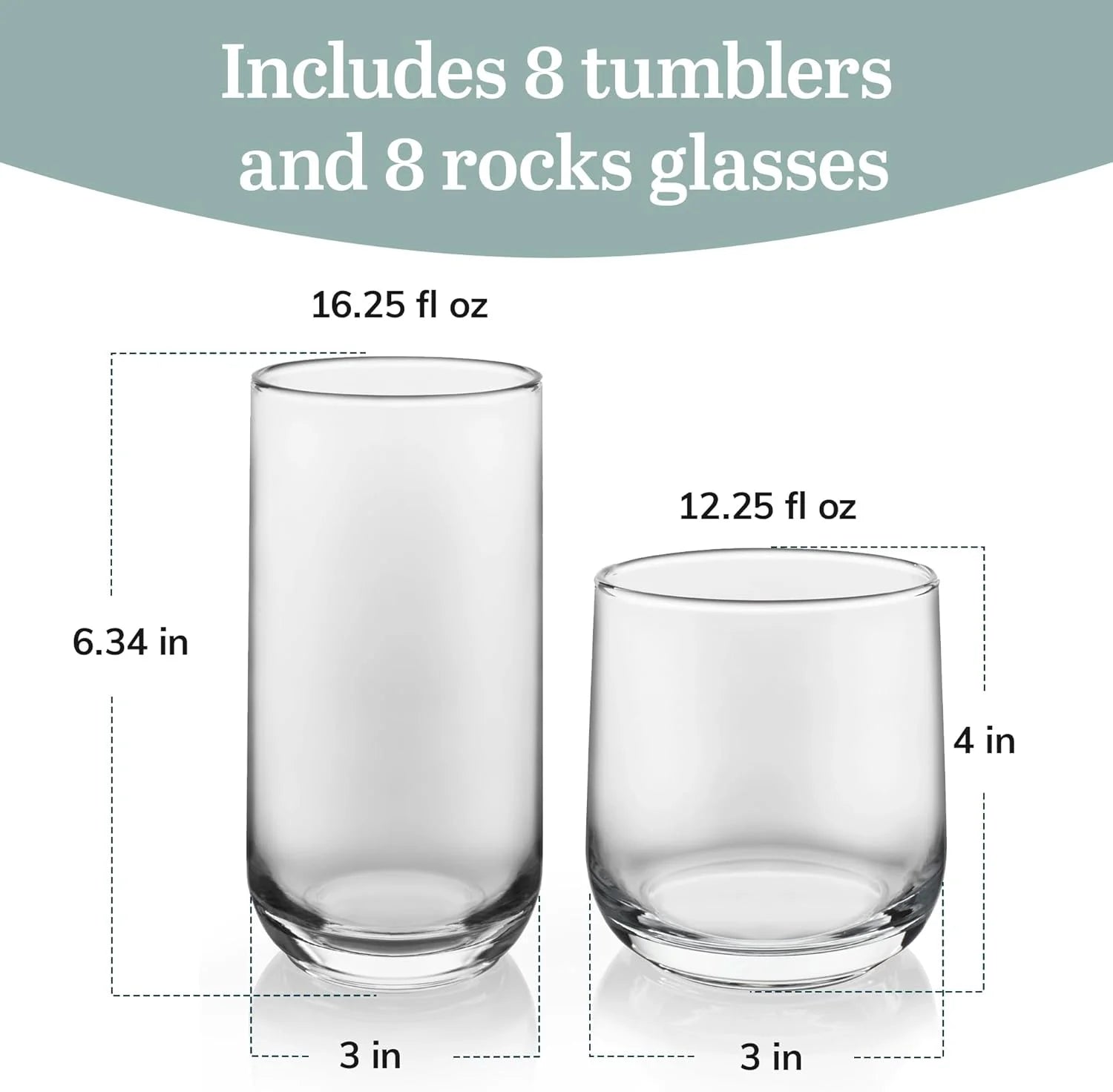 Glass and Rocks Glassware Set, Stylish Lead-Free Glassware 16-Piece Set, Versatile Dishwasher Safe Kitchen Glassware Set for Parties