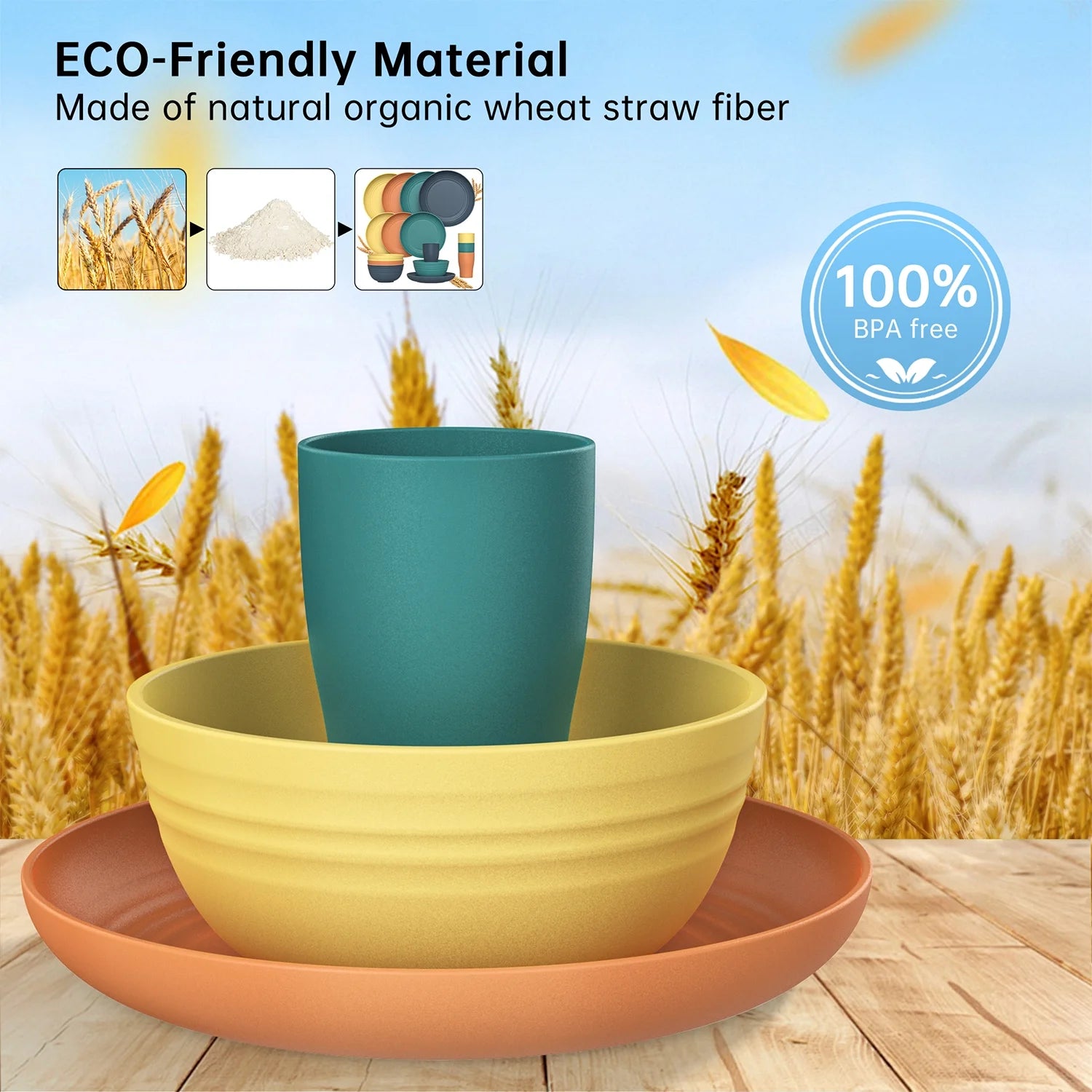 Wheat Straw Dinnerware Sets, 24 Piece Unbreakable Dinnerware Sets, Service for 4 Dishes Sets, Reusable Plates and Bowls Sets, Travel Camping Cutlery Set, Dishwasher Microwave Safe, Multicolor