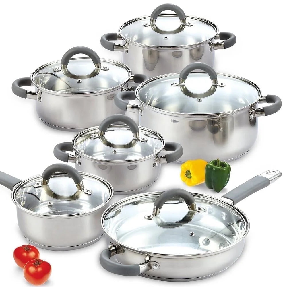 Kitchen Cookware Sets, 12-Piece Basic Stainless Steel Pots and Pans with Grey Silicone Handles, Silver