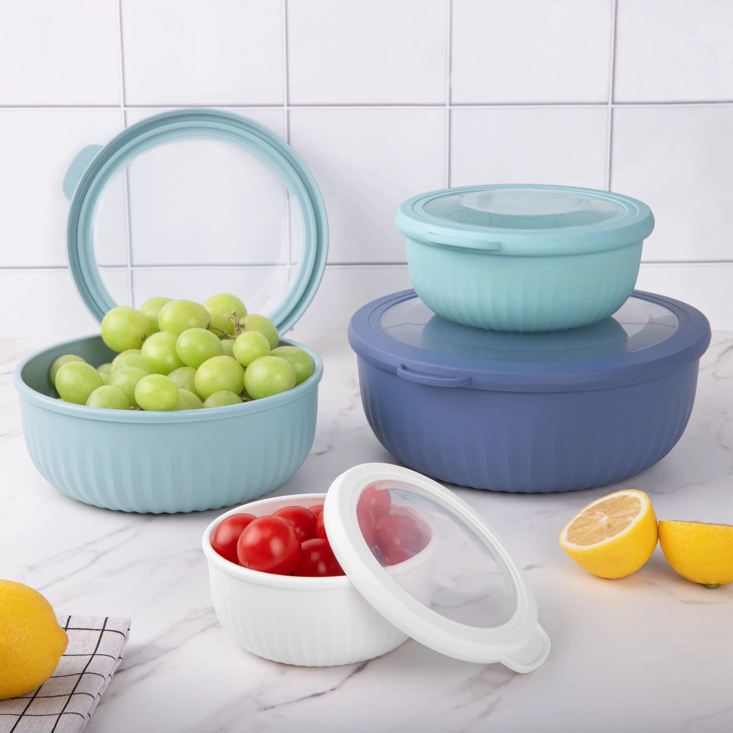 8-Piece Plastic Mixing Bowl Set with Lids - Nesting Design for Space-Saving Storage, Ideal for Cooking, Baking, and Meal Prep, Dishwasher Safe, Blue