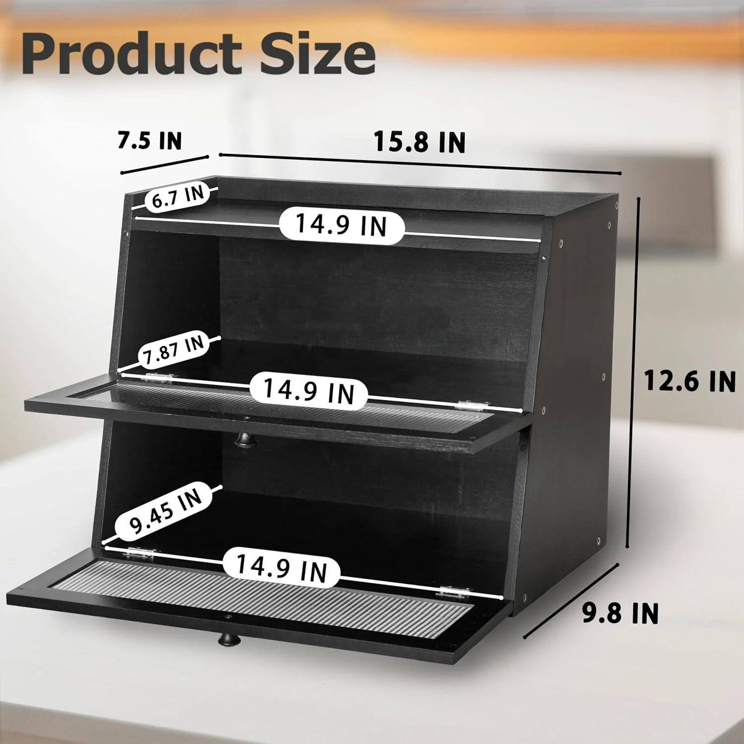 Pure Bamboo Bread Box, Roomy Two-Layer Breadbox for Kitchen Counters, Easy to Assembly Bread Storage Container (Black)