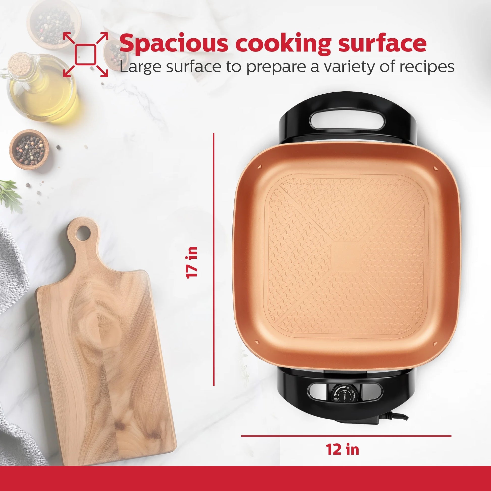 12-Inch Electric Skillet with Non-Stick Coating, Glass Lid, and Removable Probe, Copper and Black