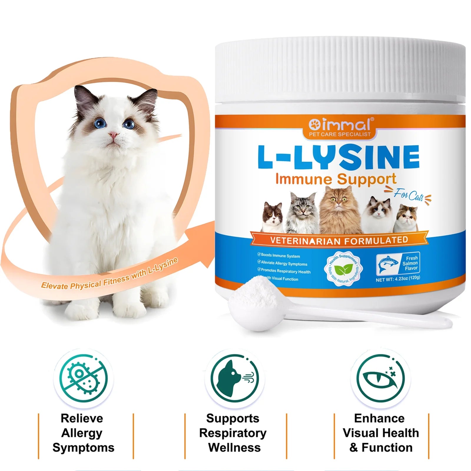 L-Lysine Powder for Cats, Cat L-Lysine Supplement Powder for Sneezing and Runny Nose, Cat Cold, Cat Immune Support, Eye Function & Respiratory Health 120G (Salmon Flavor)