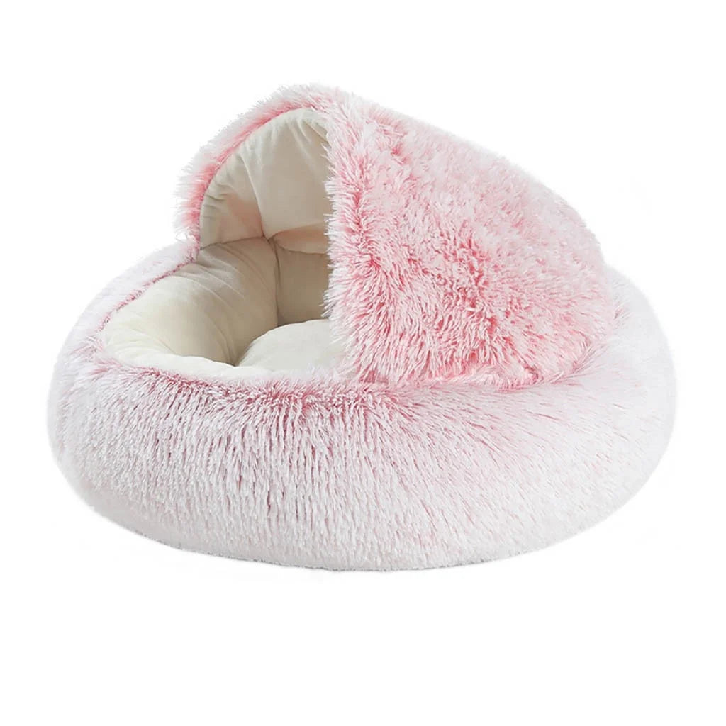 Round Plush Hooded Cat Bed Cave - Calming Indoor Pet Bed for Cats and Small Dogs, Waterproof and Washable (16" x 16")