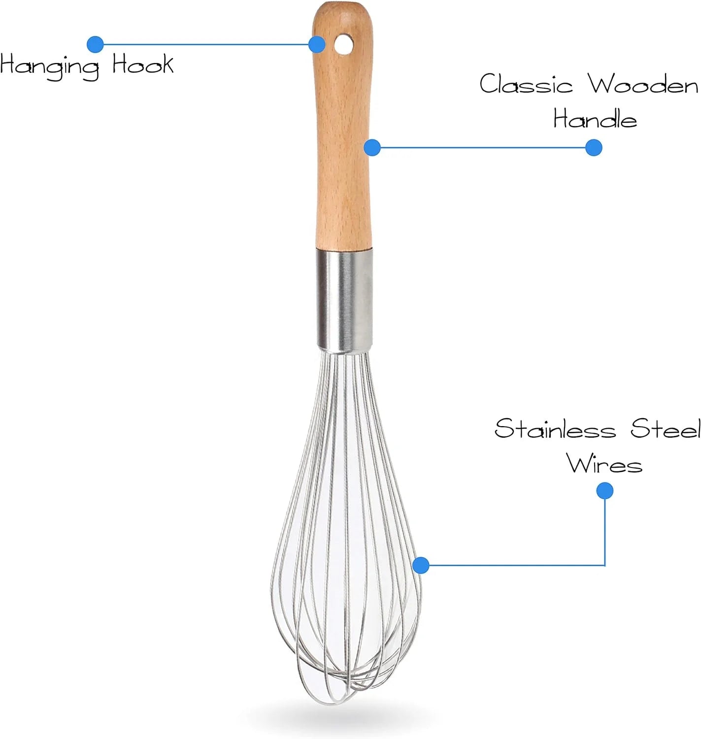Classic Stainless Steel Wooden Handle Whisk 12-Inch | Perfect Whisking Size | Kitchen Whisk for Beating, Blending, Whisking, Stirring, Cooking, Egg, Flour