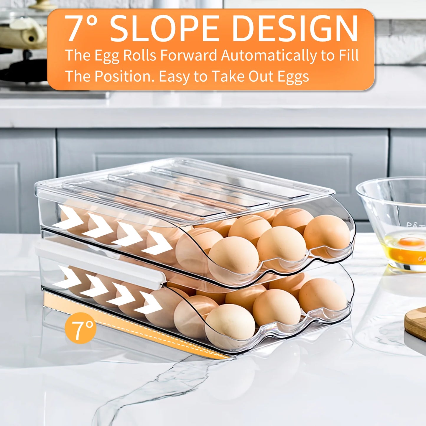 Fridge Egg Holder, 2 Layer Rolling Egg Cartons for Refrigerator, Refrigerator Egg Organizer with Lid, Clear Egg Dispenser, Egg Tray & Storage Container