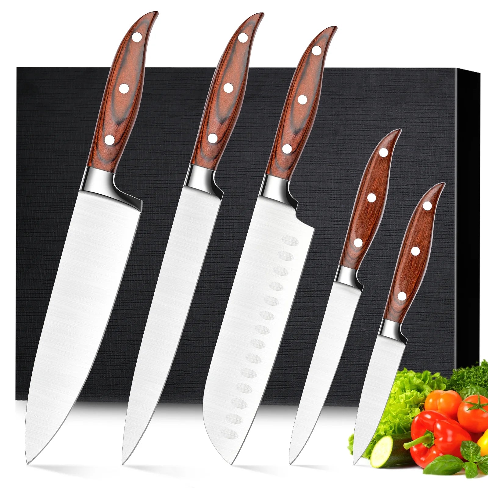 5 PCS Kitchen Knife Set, Ultra-Sharp Stainless Steel Chef Knives with Ergonomic Pakkawood Handles for Cooking and Chopping