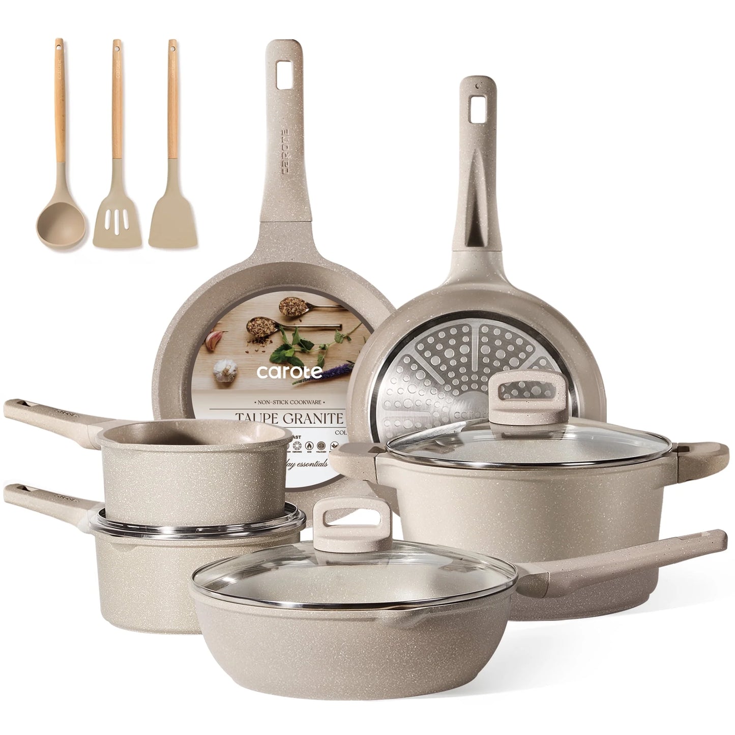 Nonstick Cookware Set 13-Piece,Kitchen Pots and Pans Set,Stay-Cool Handles,Induction Compatible,Cookware Set for RV and Camping,Taupe